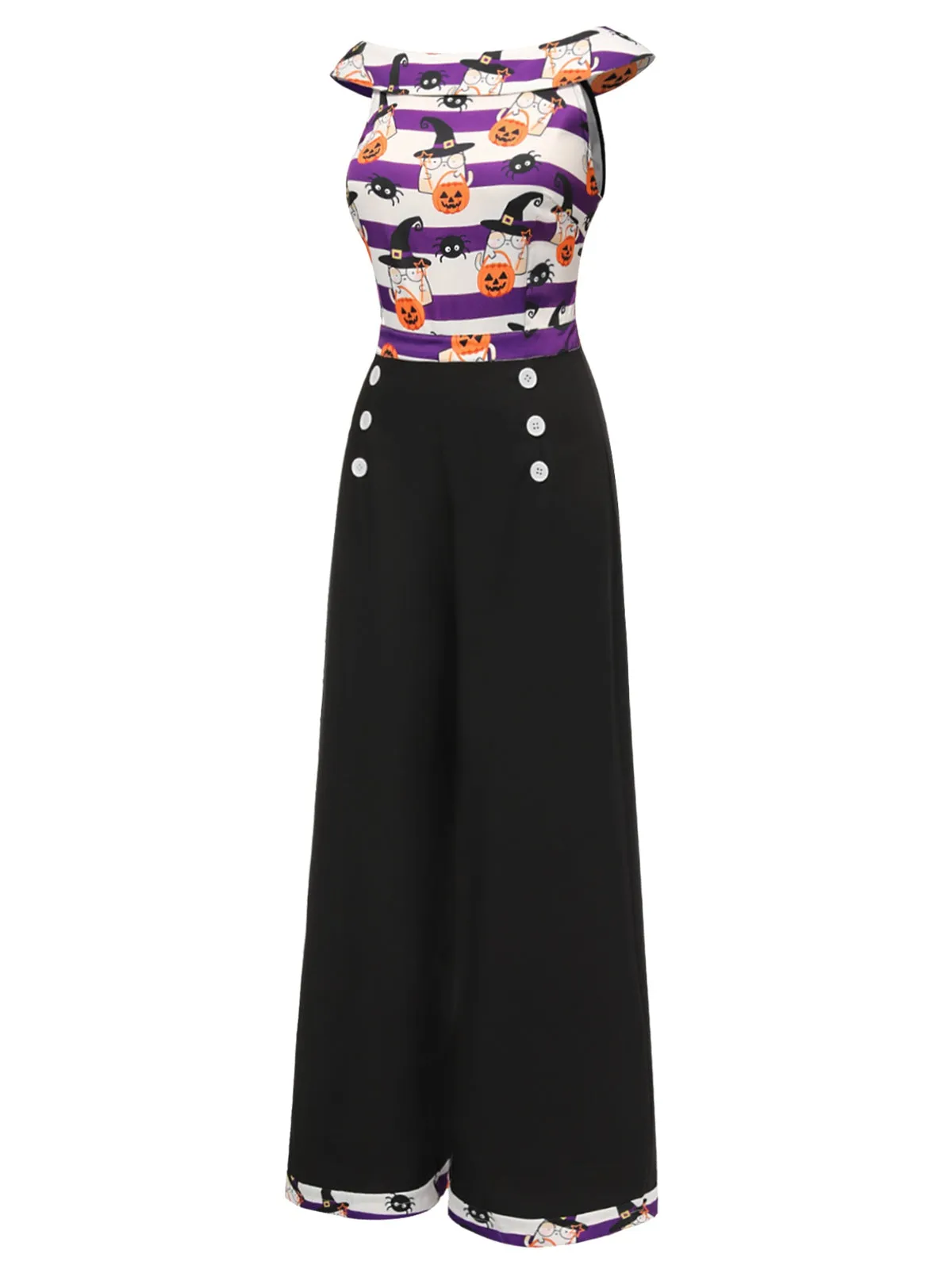 [Pre-Sale] Black 1950s Pumpkin Off Shoulder Patchwork Jumpsuit