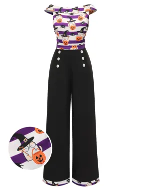 [Pre-Sale] Black 1950s Pumpkin Off Shoulder Patchwork Jumpsuit