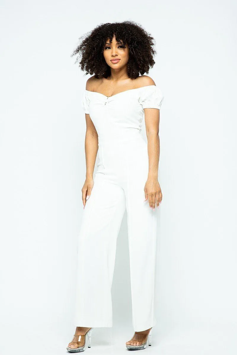 Puff Short Sleeve Jumpsuit With U Metal Details And Back Open Zippered