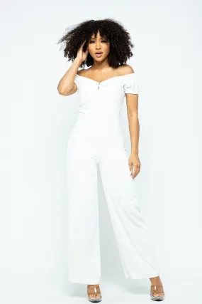 Puff Short Sleeve Jumpsuit With U Metal Details And Back Open Zippered