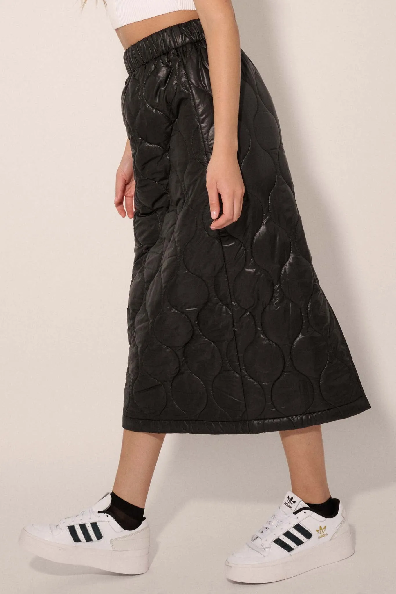 Puffer Up Quilted Vegan Leather Midi Skirt