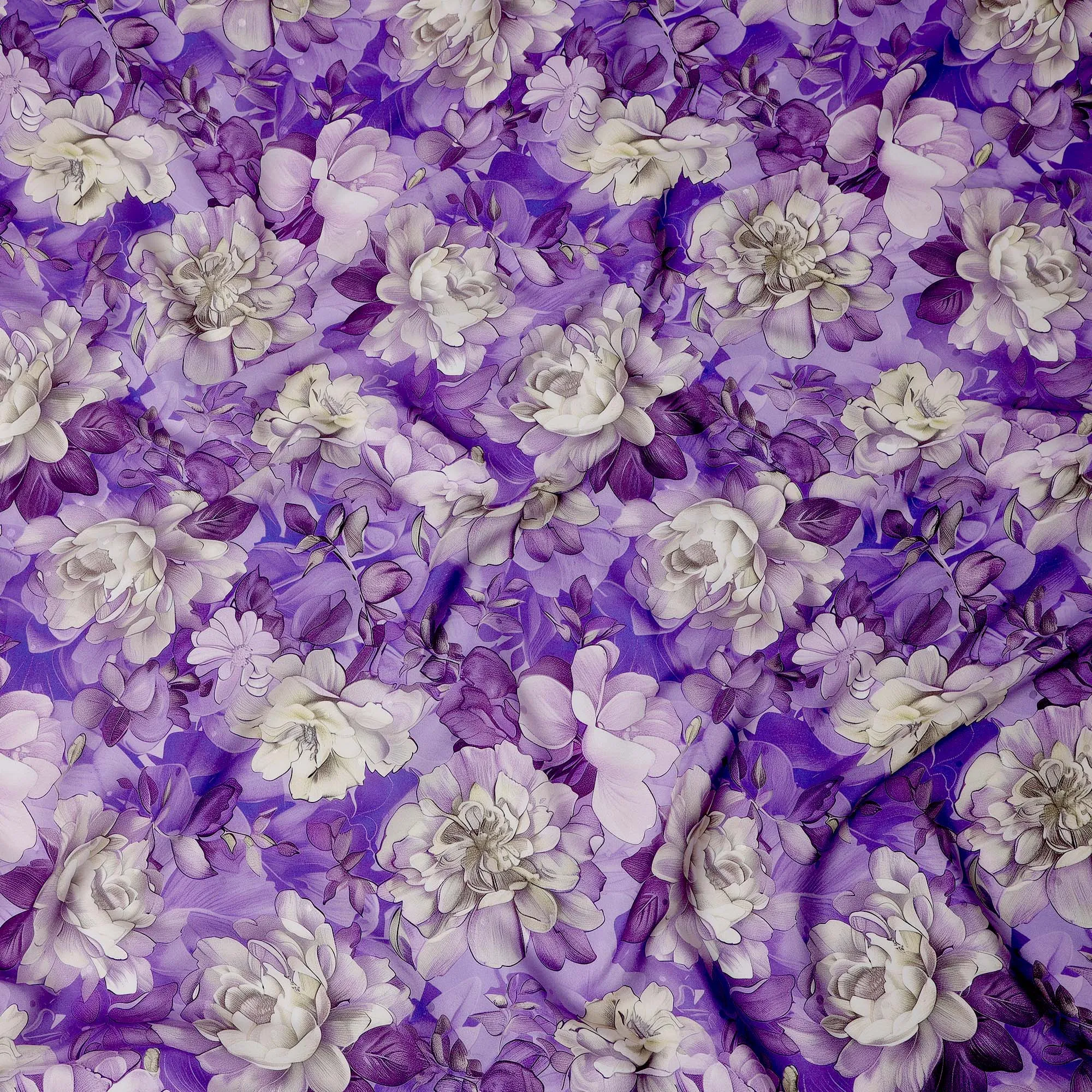 Purple and Ivory Floral Print Pure Silk Satin Fabric, 140 cm Width, Made in Italy -D21165