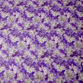 Purple and Ivory Floral Print Pure Silk Satin Fabric, 140 cm Width, Made in Italy -D21165