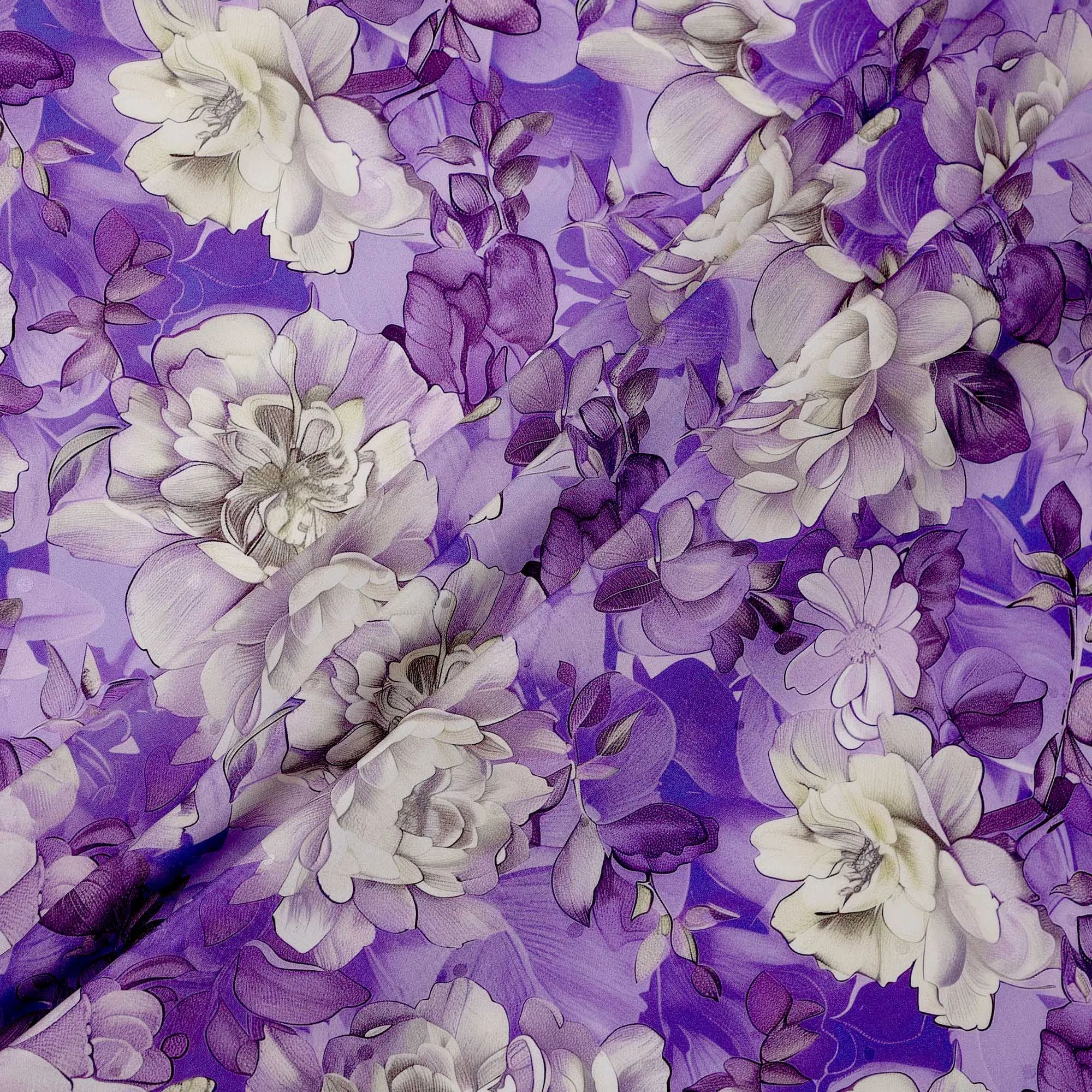 Purple and Ivory Floral Print Pure Silk Satin Fabric, 140 cm Width, Made in Italy -D21165