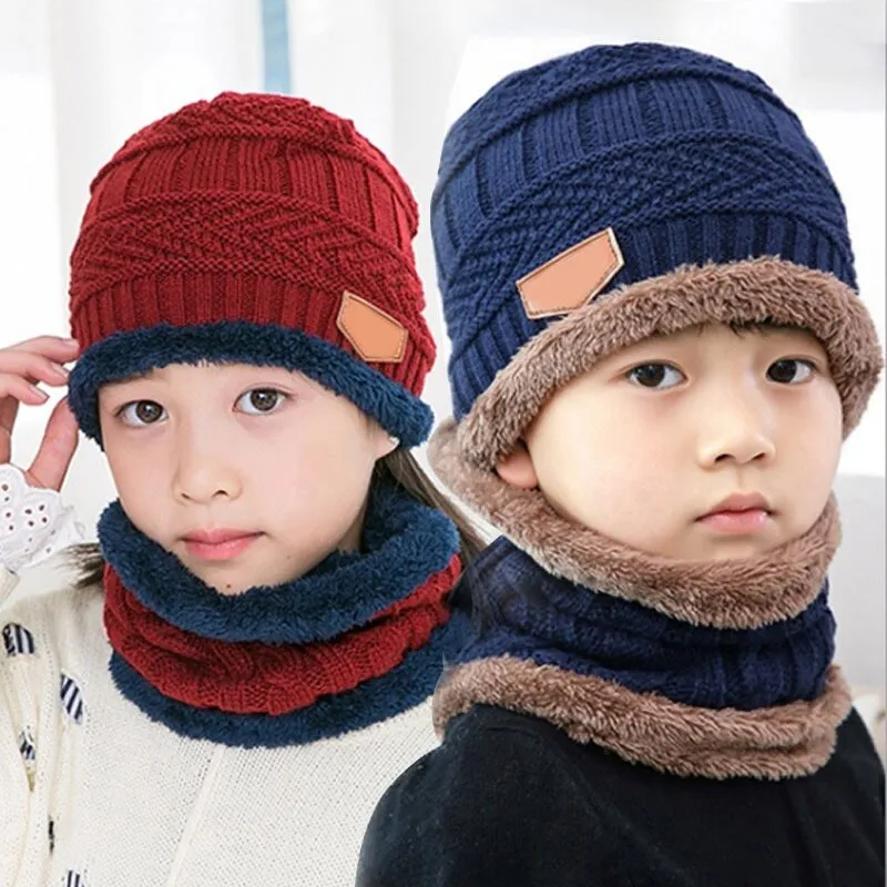 Q Kids Beanies Nice Gift Keep Warm Plush Knitted Ribbed Children Winter Supplies Hat Scarf Set Girl Boys Ring Scarves 2Pcs