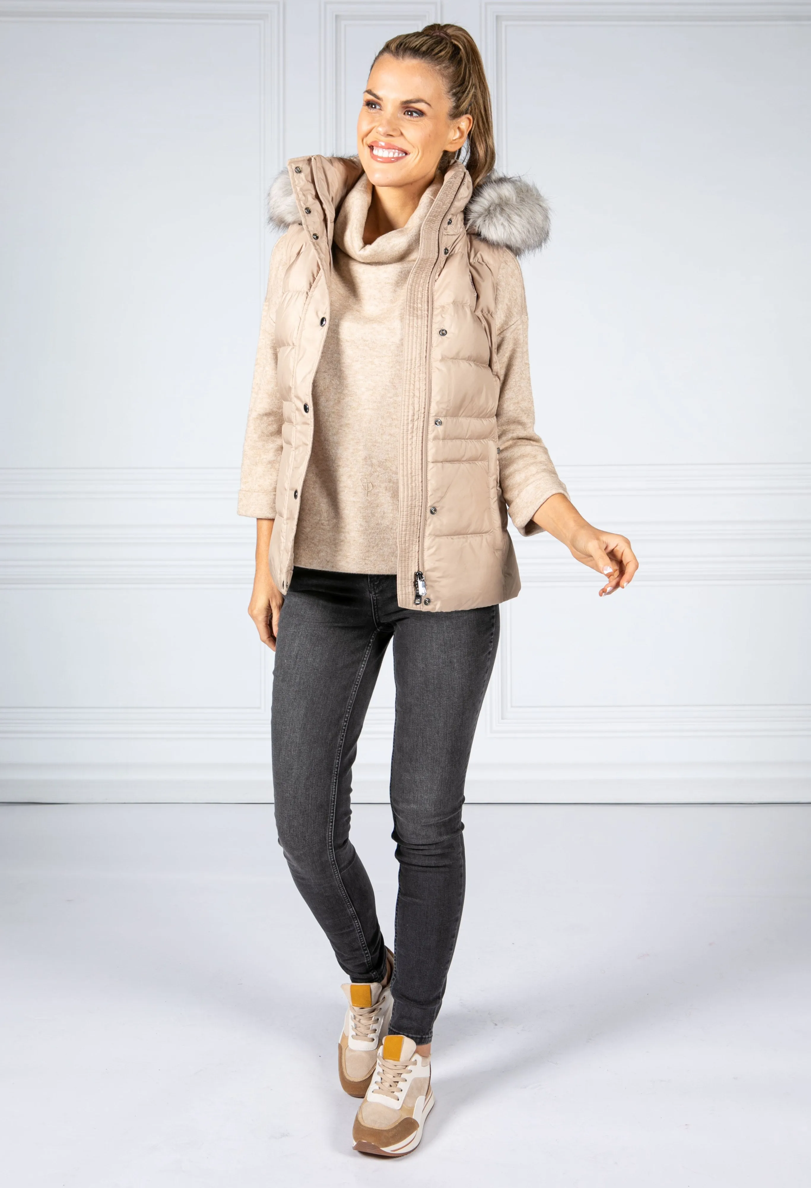 Quilted Down-Filled Gilet with Detachable Hood in Beige