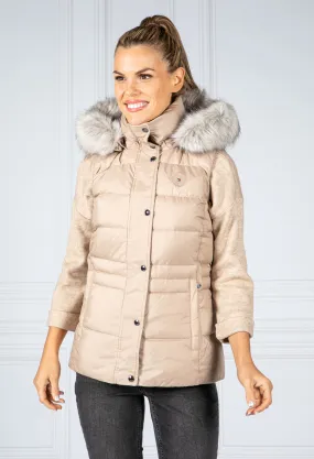 Quilted Down-Filled Gilet with Detachable Hood in Beige