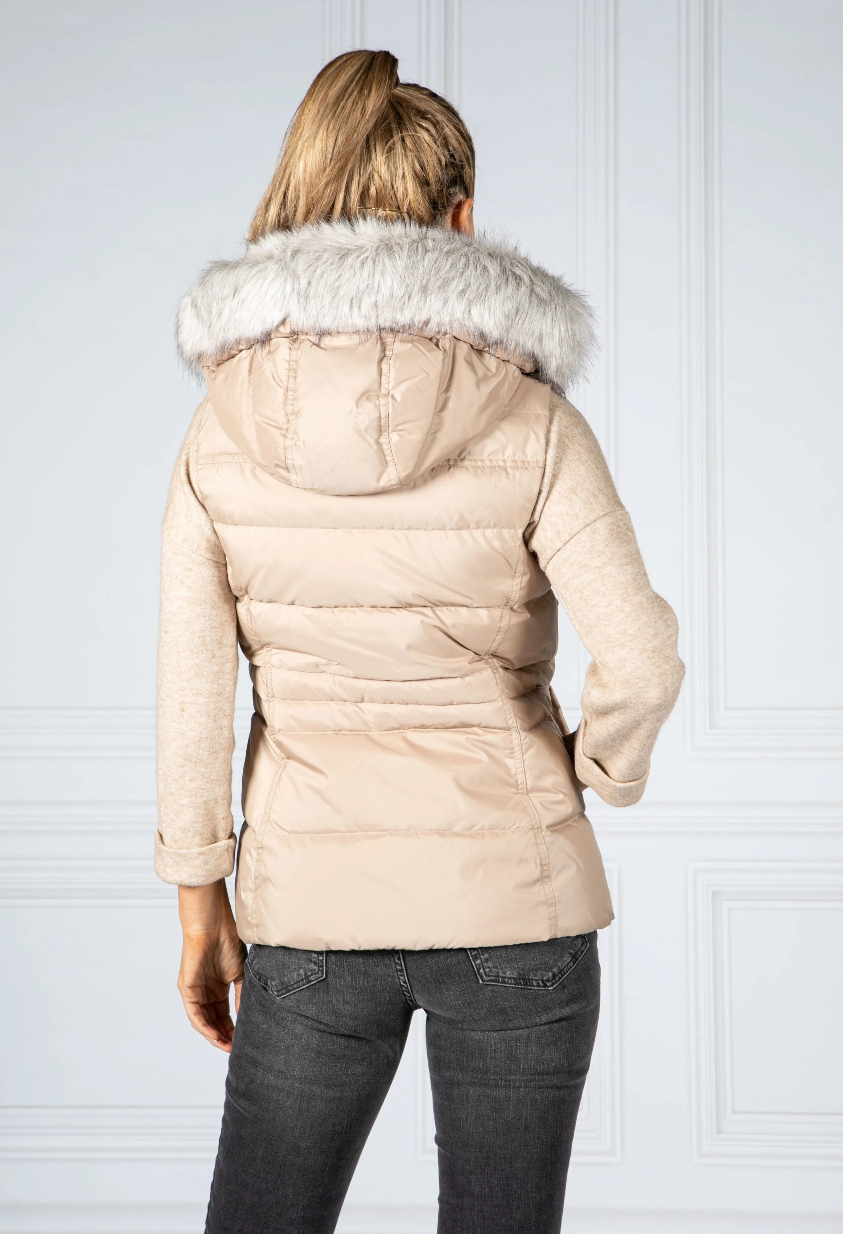 Quilted Down-Filled Gilet with Detachable Hood in Beige