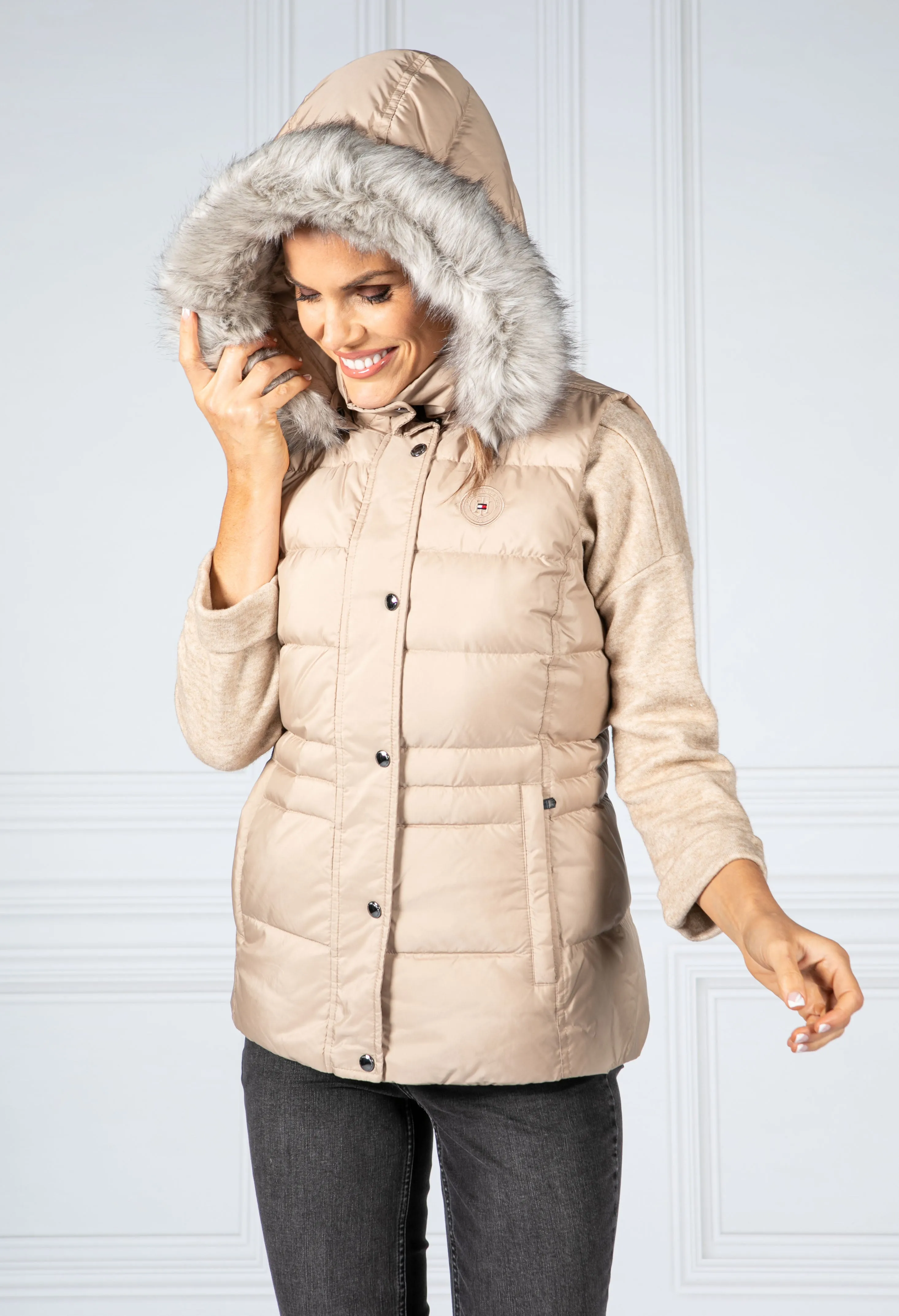 Quilted Down-Filled Gilet with Detachable Hood in Beige