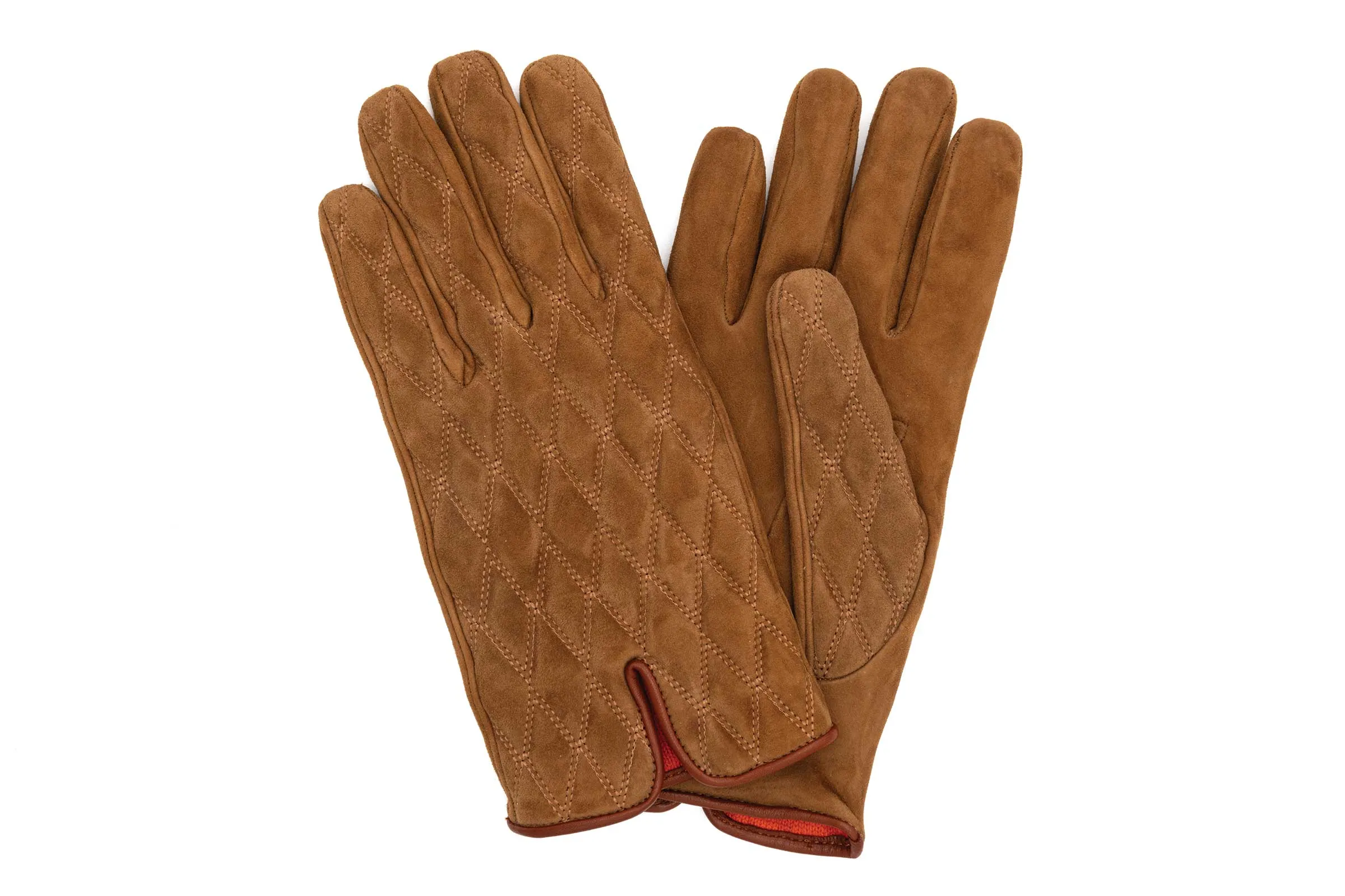 Quilted Italian Lamb Suede Gloves - Tobacco