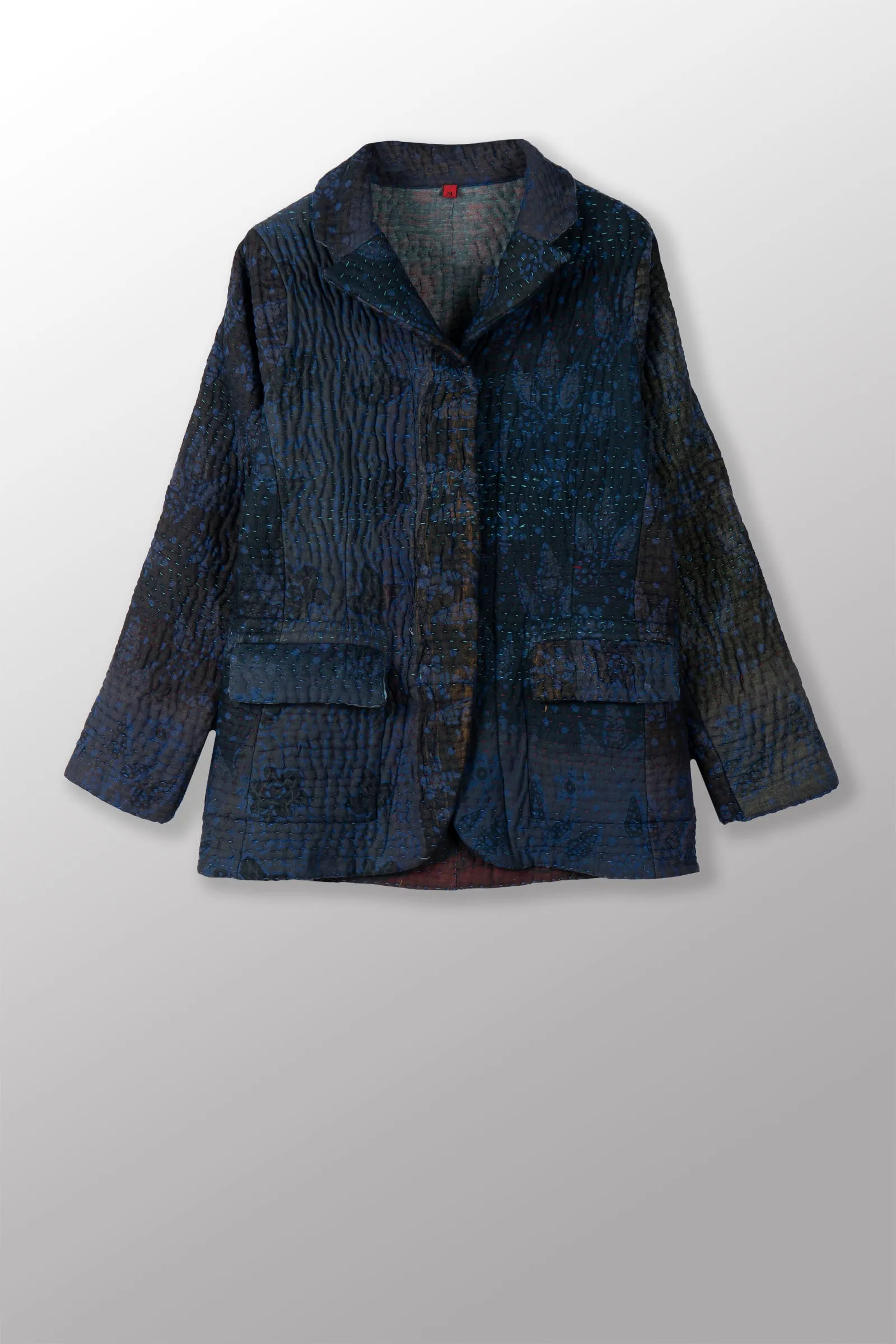 QUILTED OVER DYE COTTON KANTHA BASIC JACKET - oq5052-cblu001m -