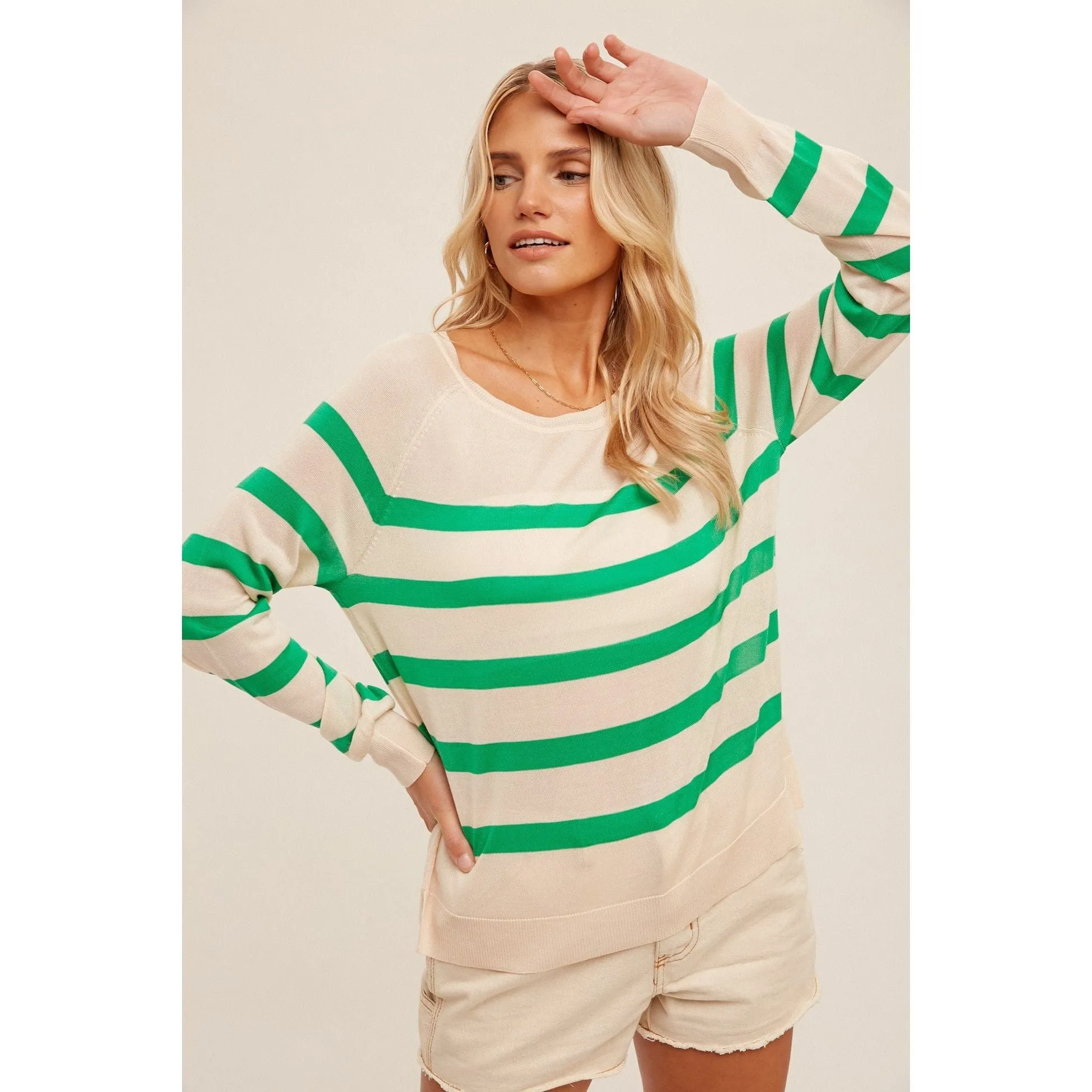 Raglan Sleeve Basic Stripe Pullover Sweater Top