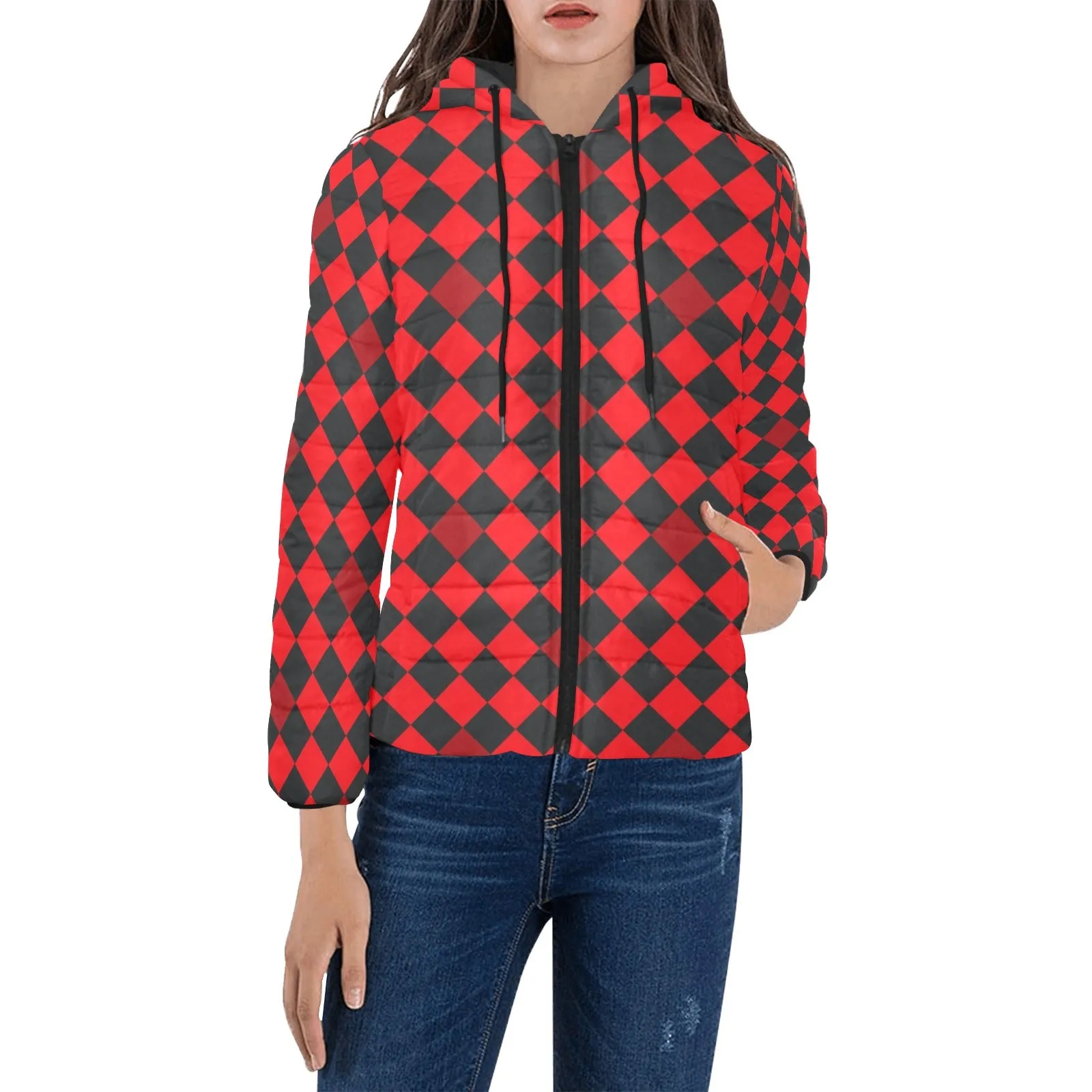 red black diamond print 2 Women's Padded Hooded Jacket (Model H46)