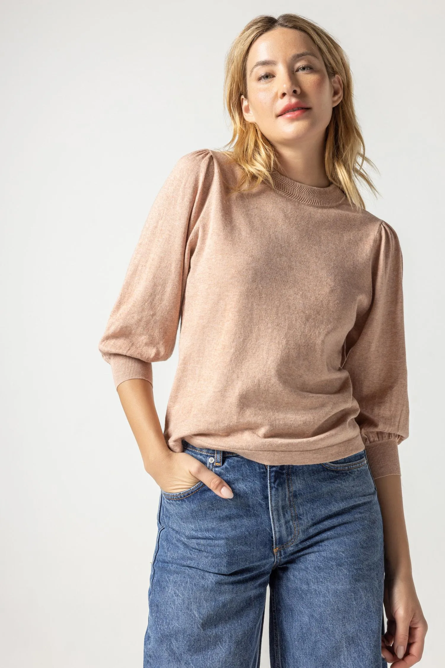 Rib Trim Puff Sleeve Sweater