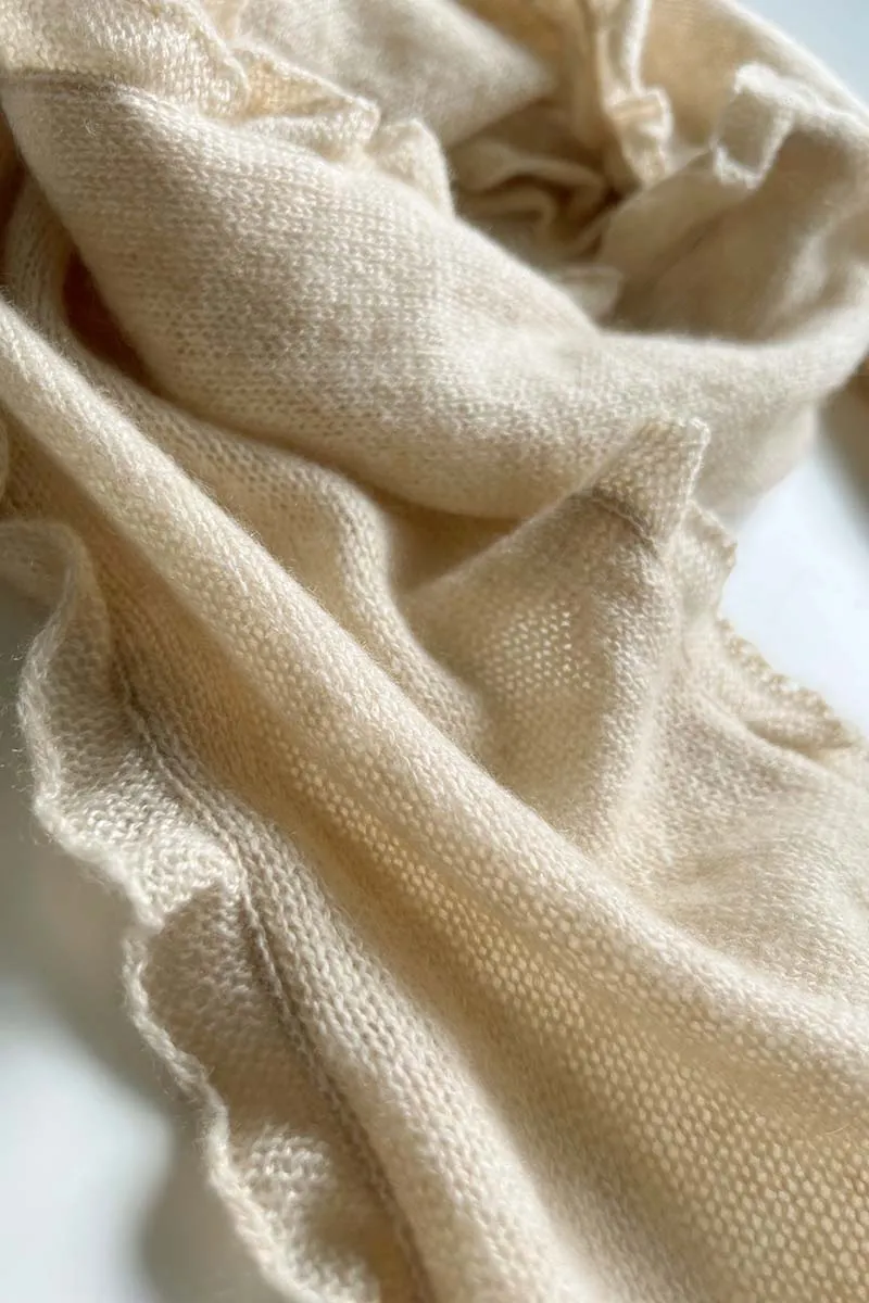 Ruffle edge small cashmere scarf in beige