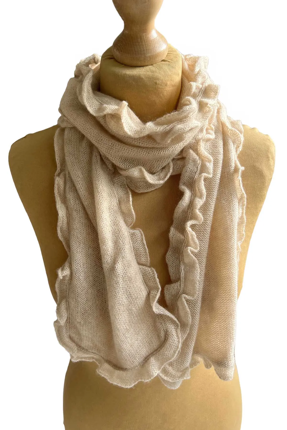 Ruffle edge small cashmere scarf in beige