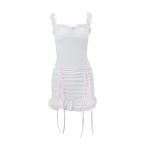 Ruffle ruched bowknot ribbon stitch cami skirt set