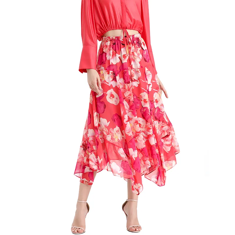 S068-8 Women floral print chiffon asymmetric panelled long flare handkerchief skirt