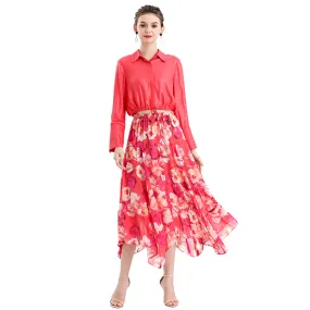 S068-8 Women floral print chiffon asymmetric panelled long flare handkerchief skirt