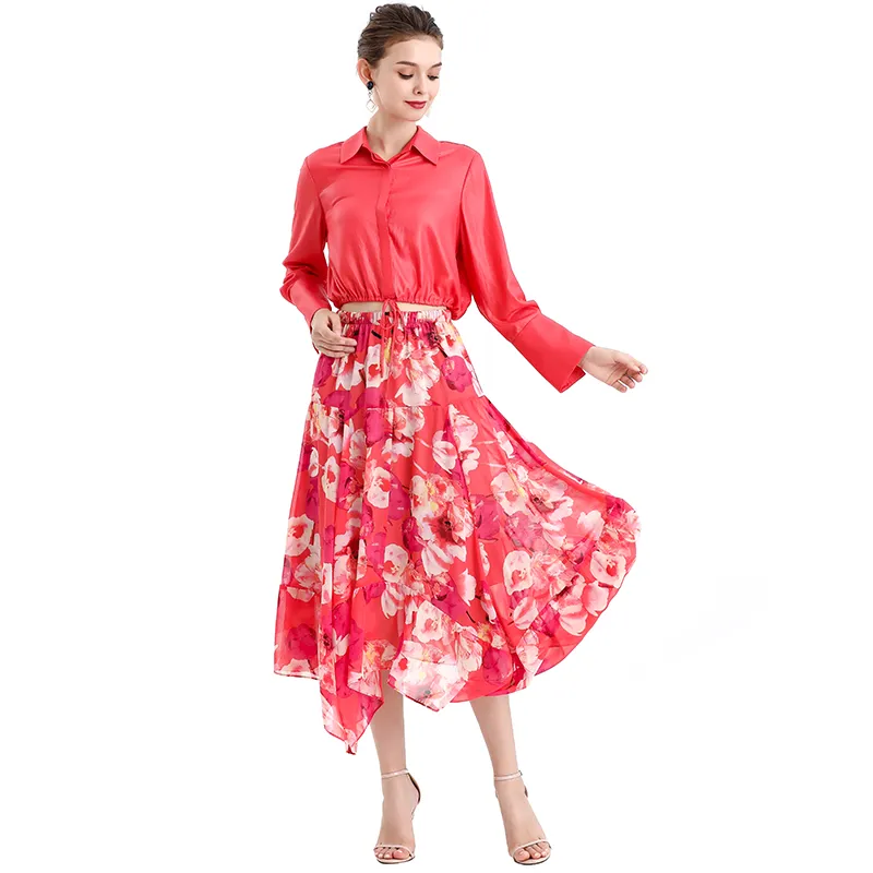 S068-8 Women floral print chiffon asymmetric panelled long flare handkerchief skirt