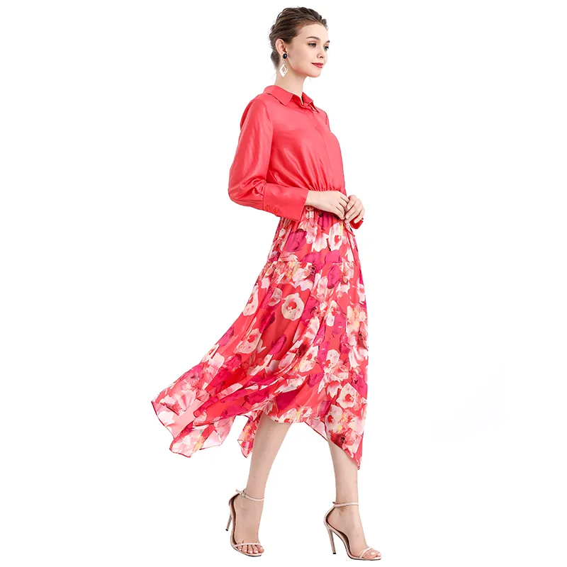 S068-8 Women floral print chiffon asymmetric panelled long flare handkerchief skirt