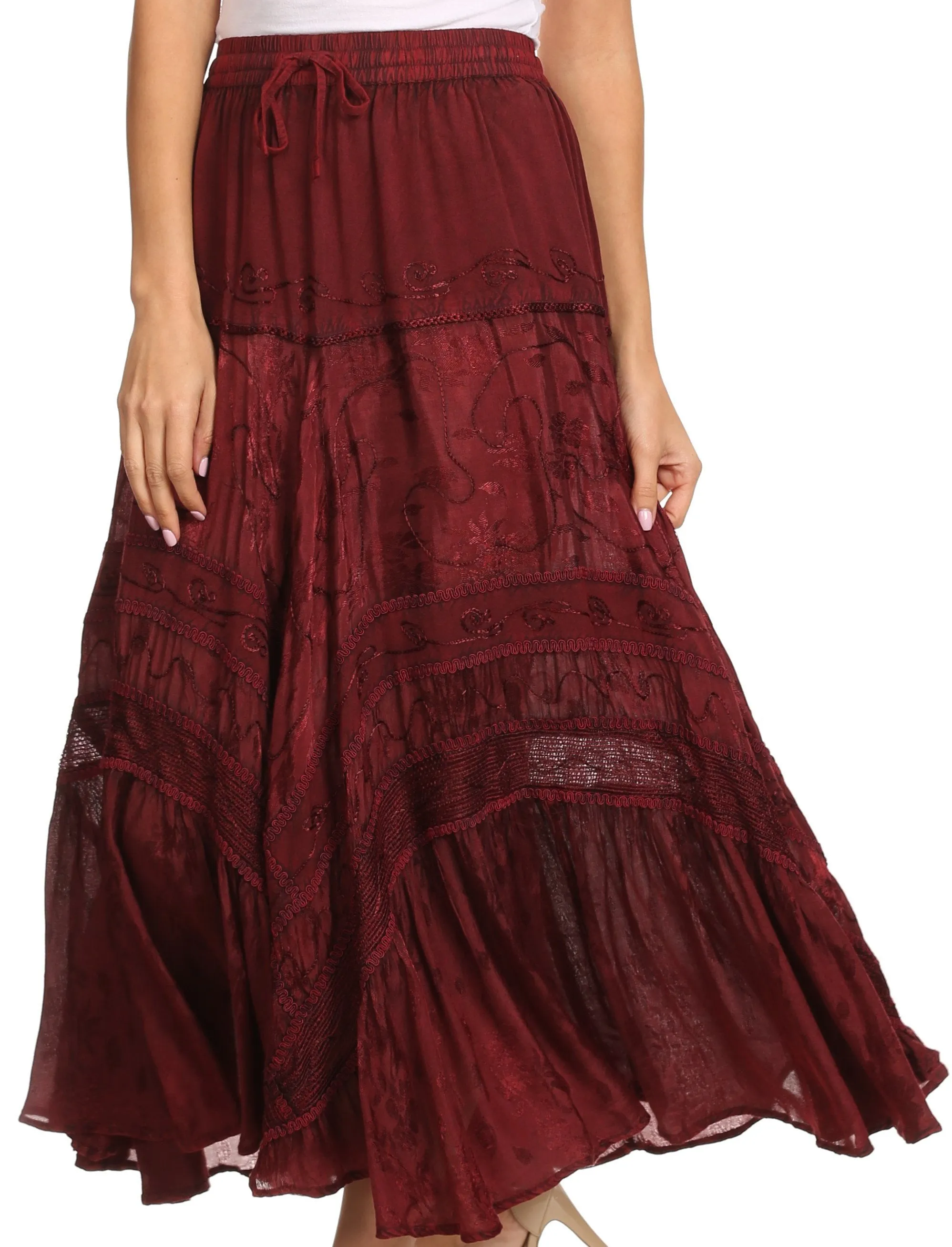 Sakkas Alber Adjustable Waist Boho Skirt With Detailed Embroidery With Ruffle Trim