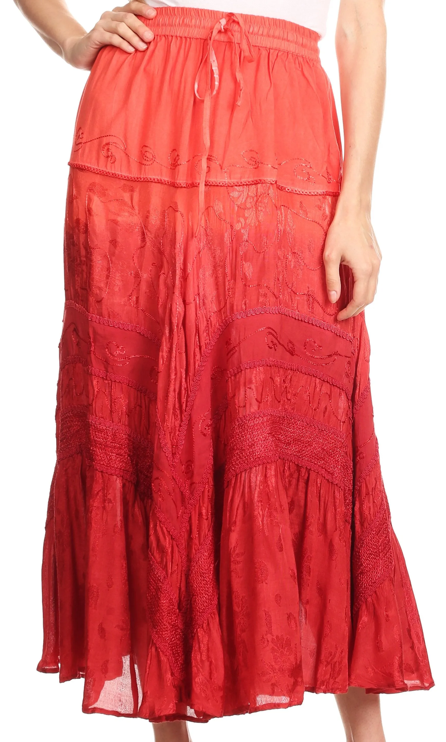 Sakkas Alber Adjustable Waist Boho Skirt With Detailed Embroidery With Ruffle Trim