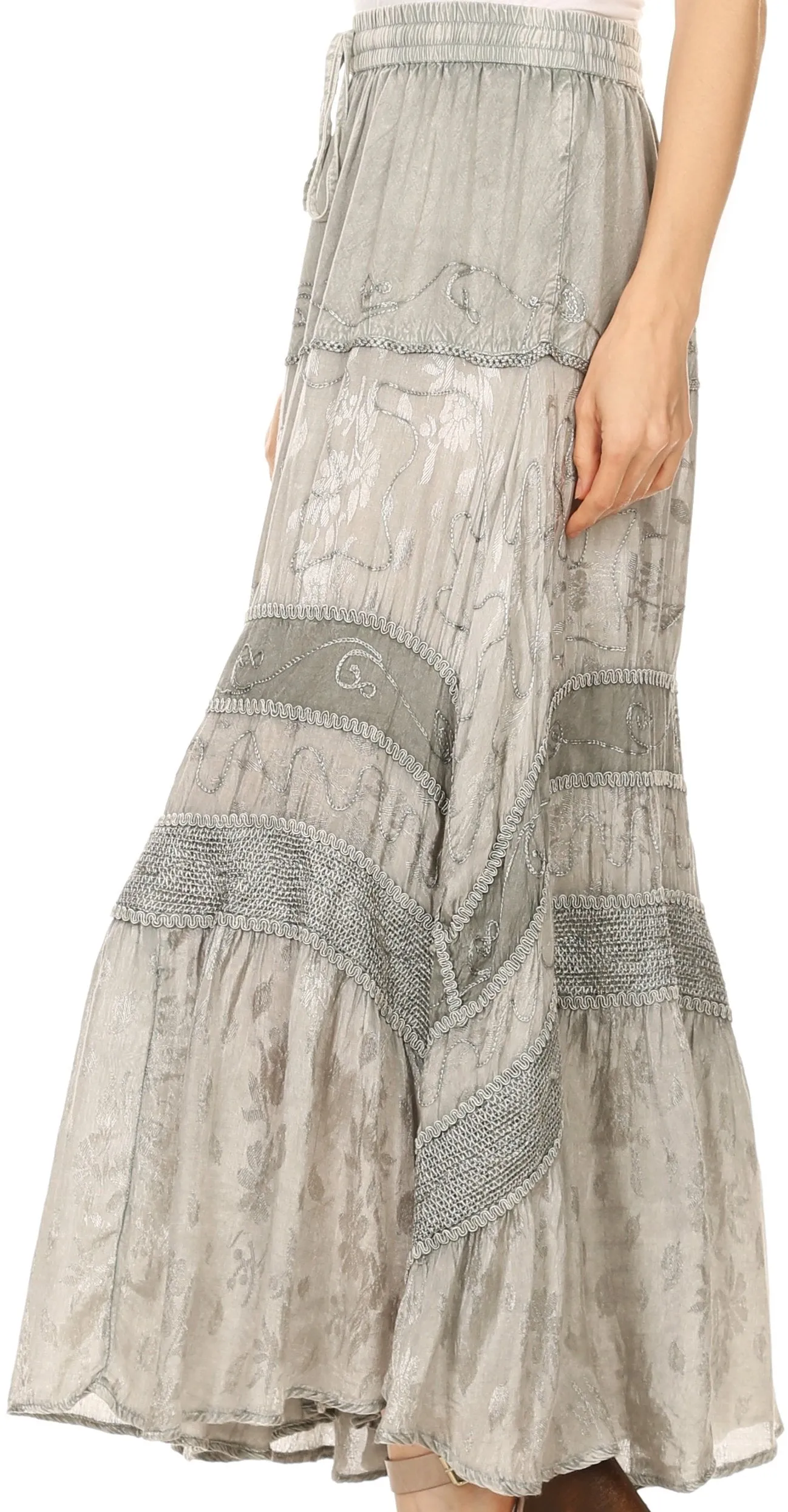 Sakkas Alber Adjustable Waist Boho Skirt With Detailed Embroidery With Ruffle Trim