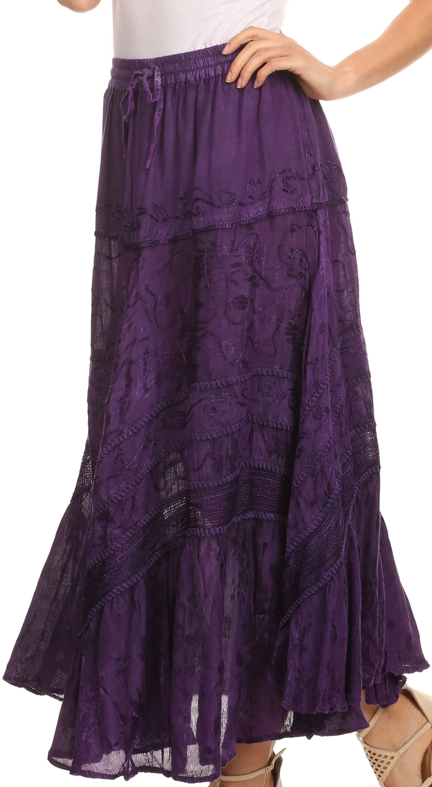 Sakkas Alber Adjustable Waist Boho Skirt With Detailed Embroidery With Ruffle Trim