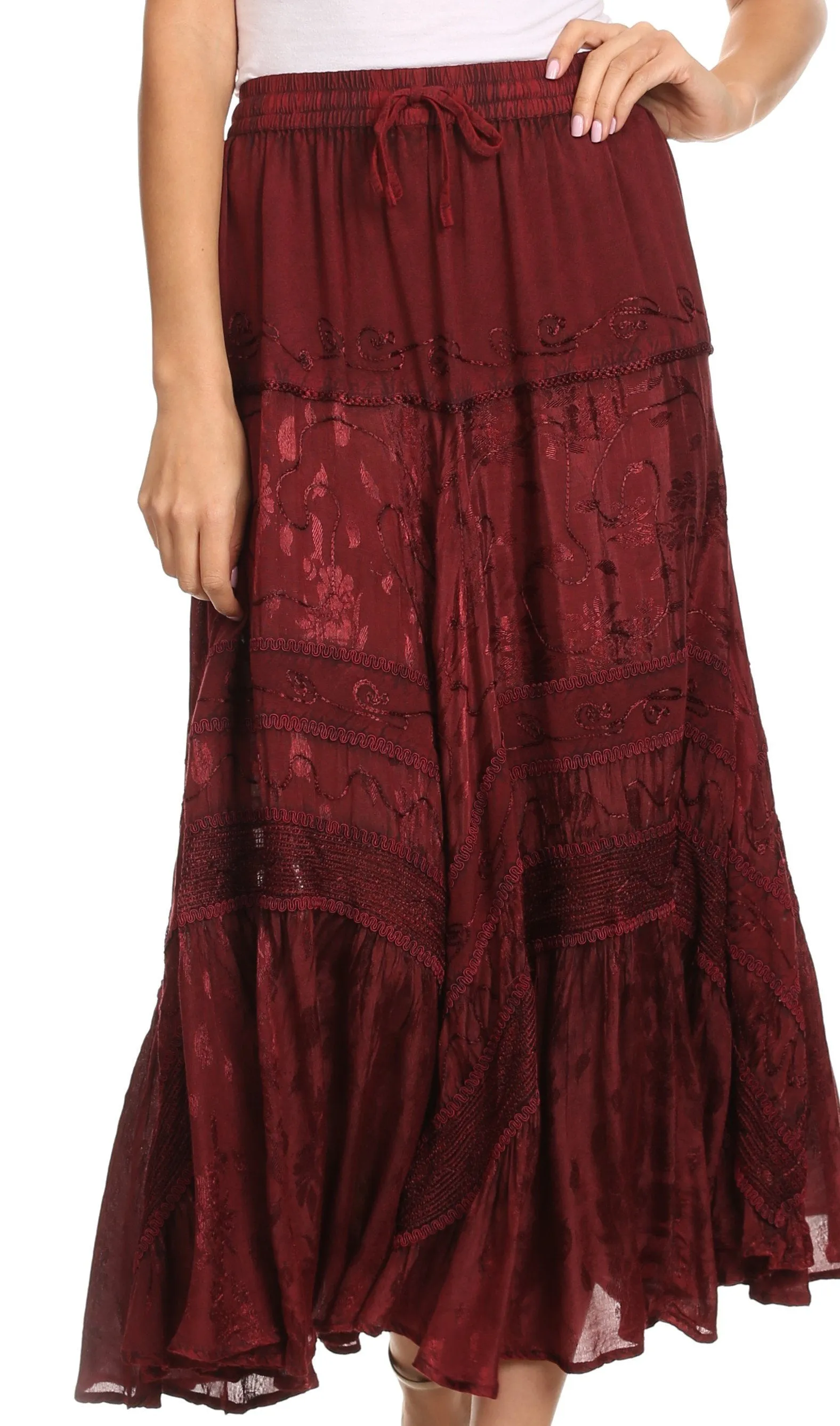 Sakkas Alber Adjustable Waist Boho Skirt With Detailed Embroidery With Ruffle Trim