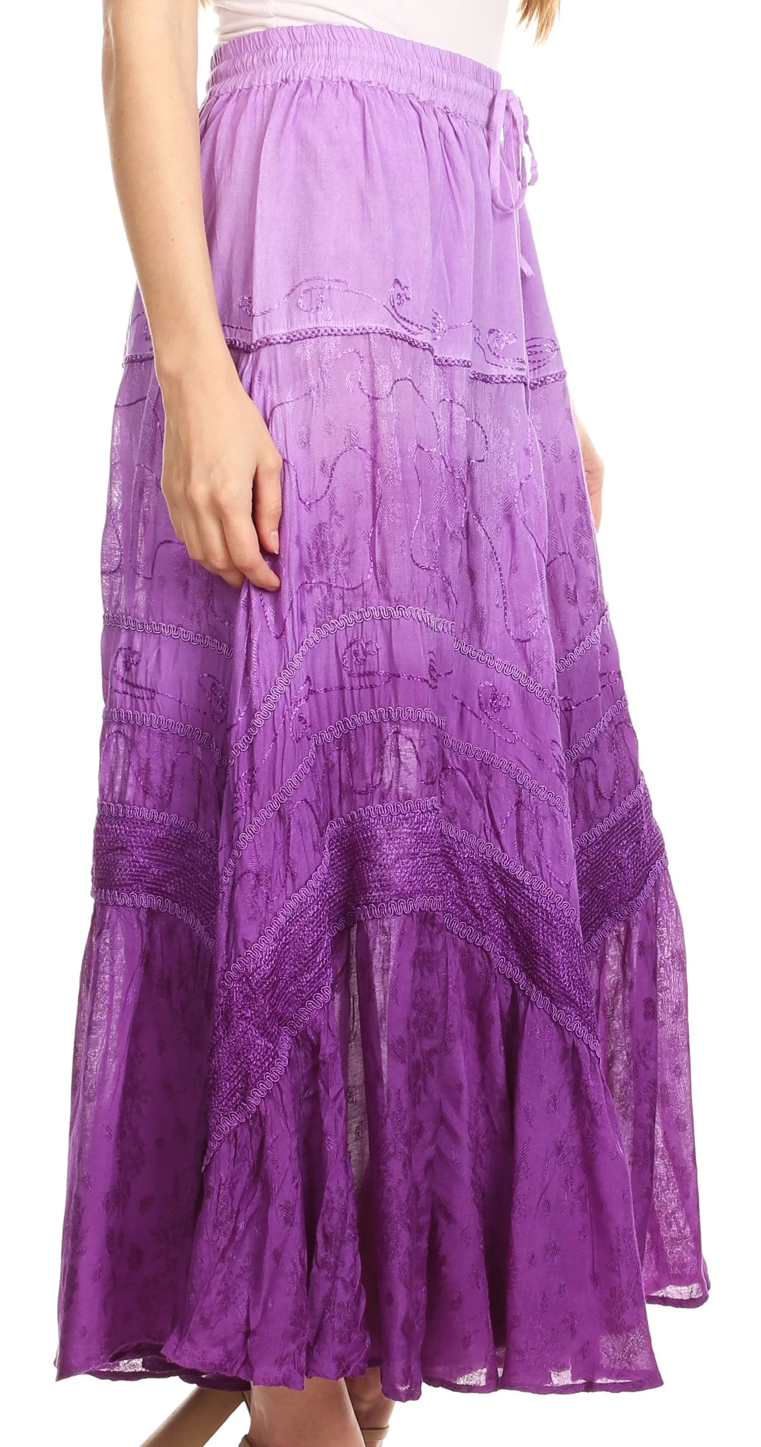 Sakkas Alber Adjustable Waist Boho Skirt With Detailed Embroidery With Ruffle Trim