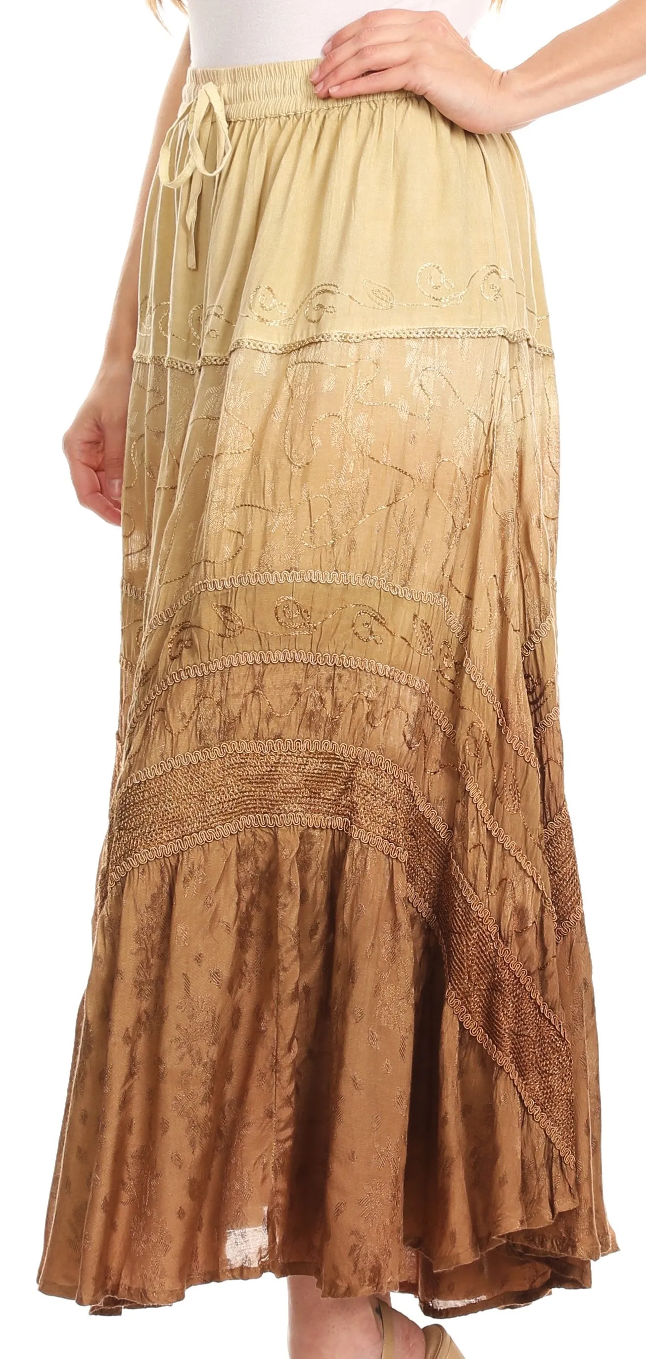 Sakkas Alber Adjustable Waist Boho Skirt With Detailed Embroidery With Ruffle Trim