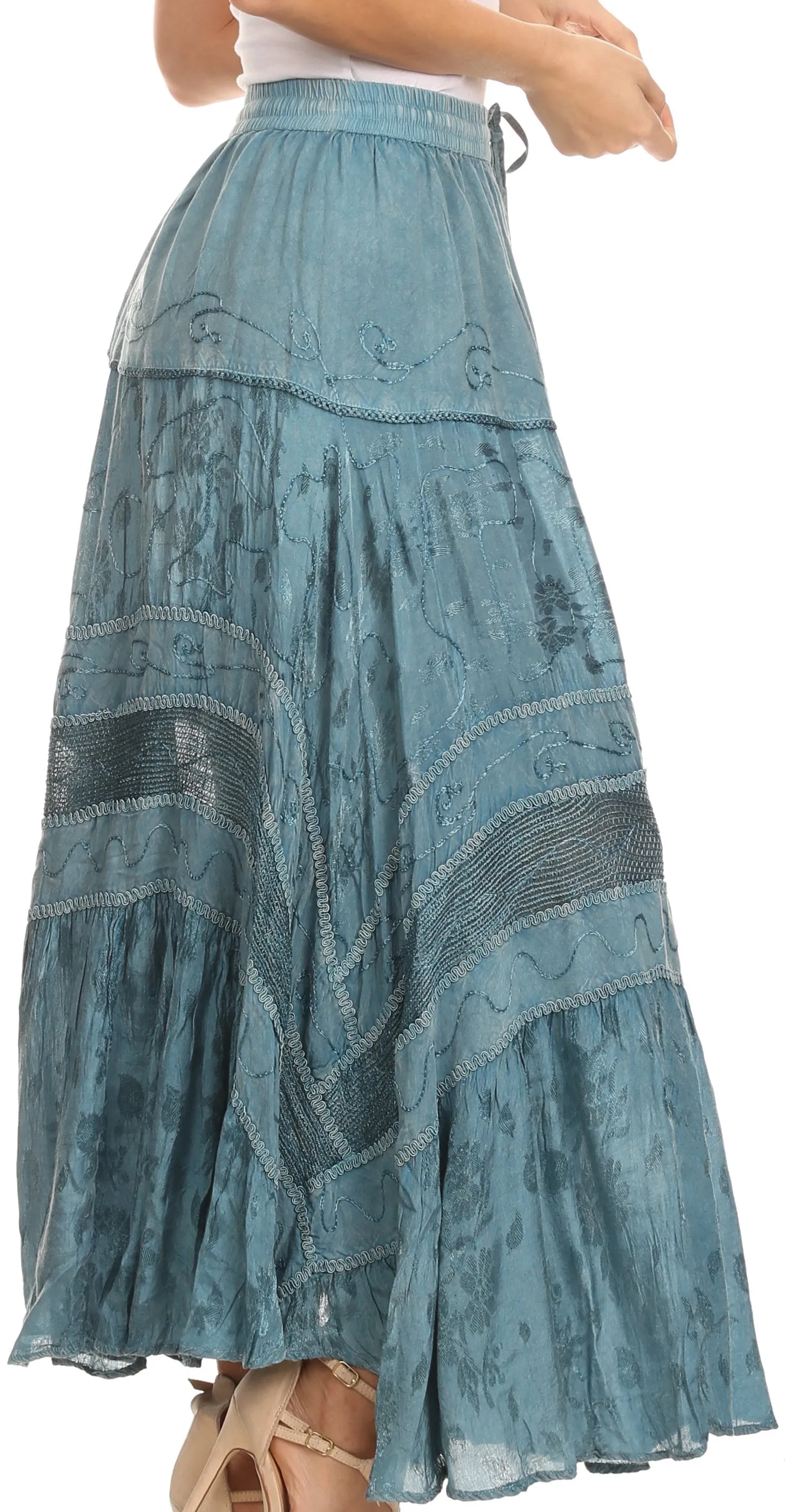 Sakkas Alber Adjustable Waist Boho Skirt With Detailed Embroidery With Ruffle Trim