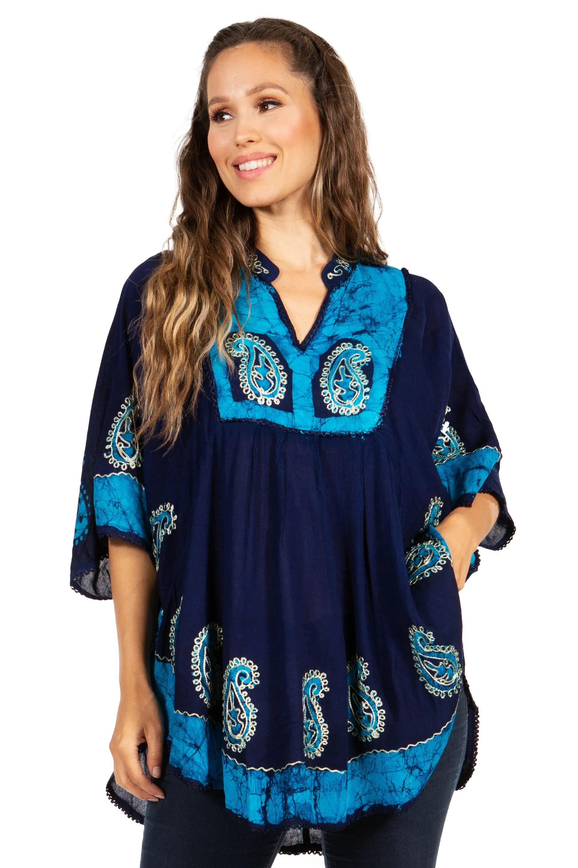 Sakkas  Amori V-Neck Embroidery Poncho Top / Cover Up