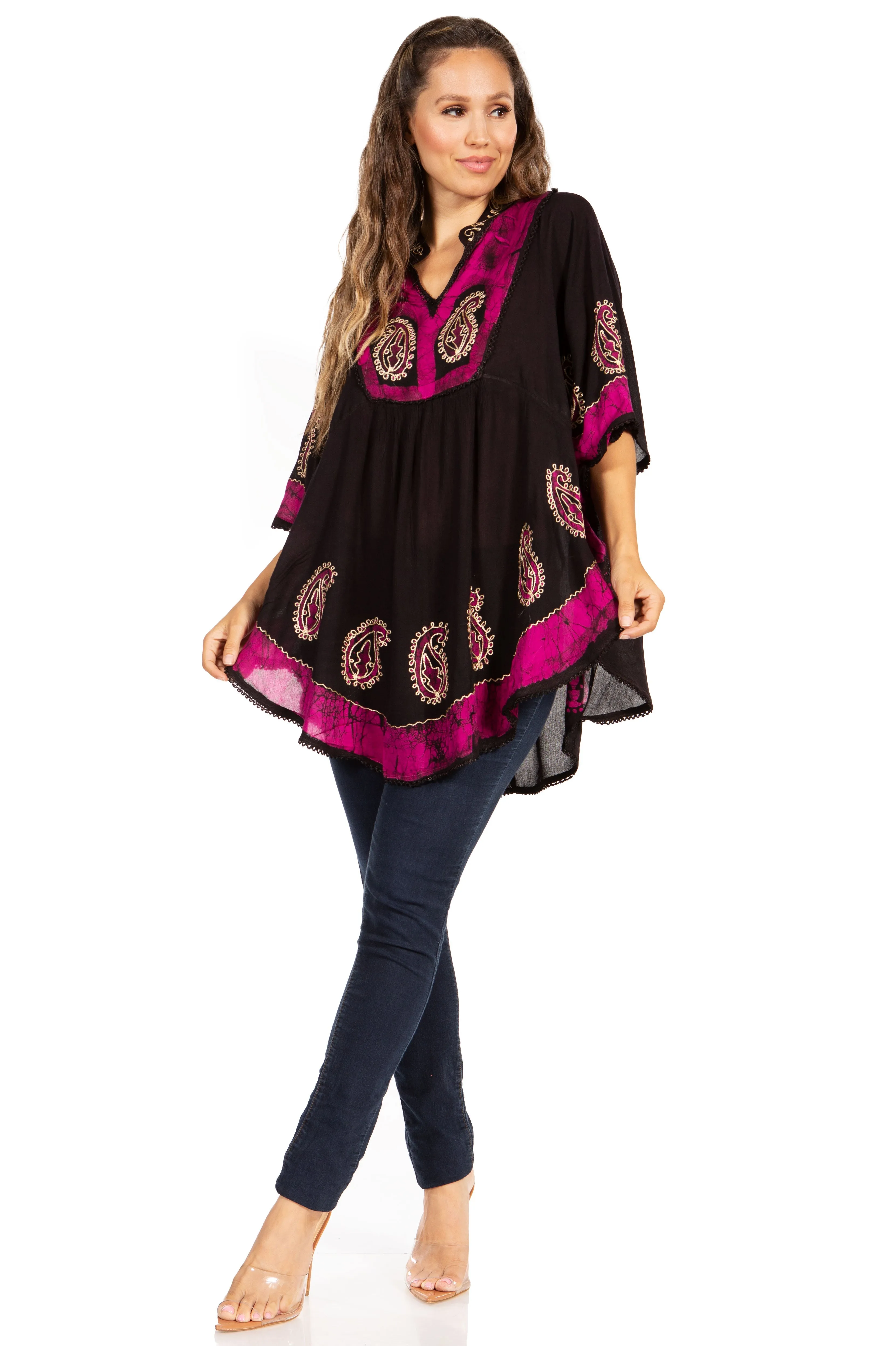 Sakkas  Amori V-Neck Embroidery Poncho Top / Cover Up