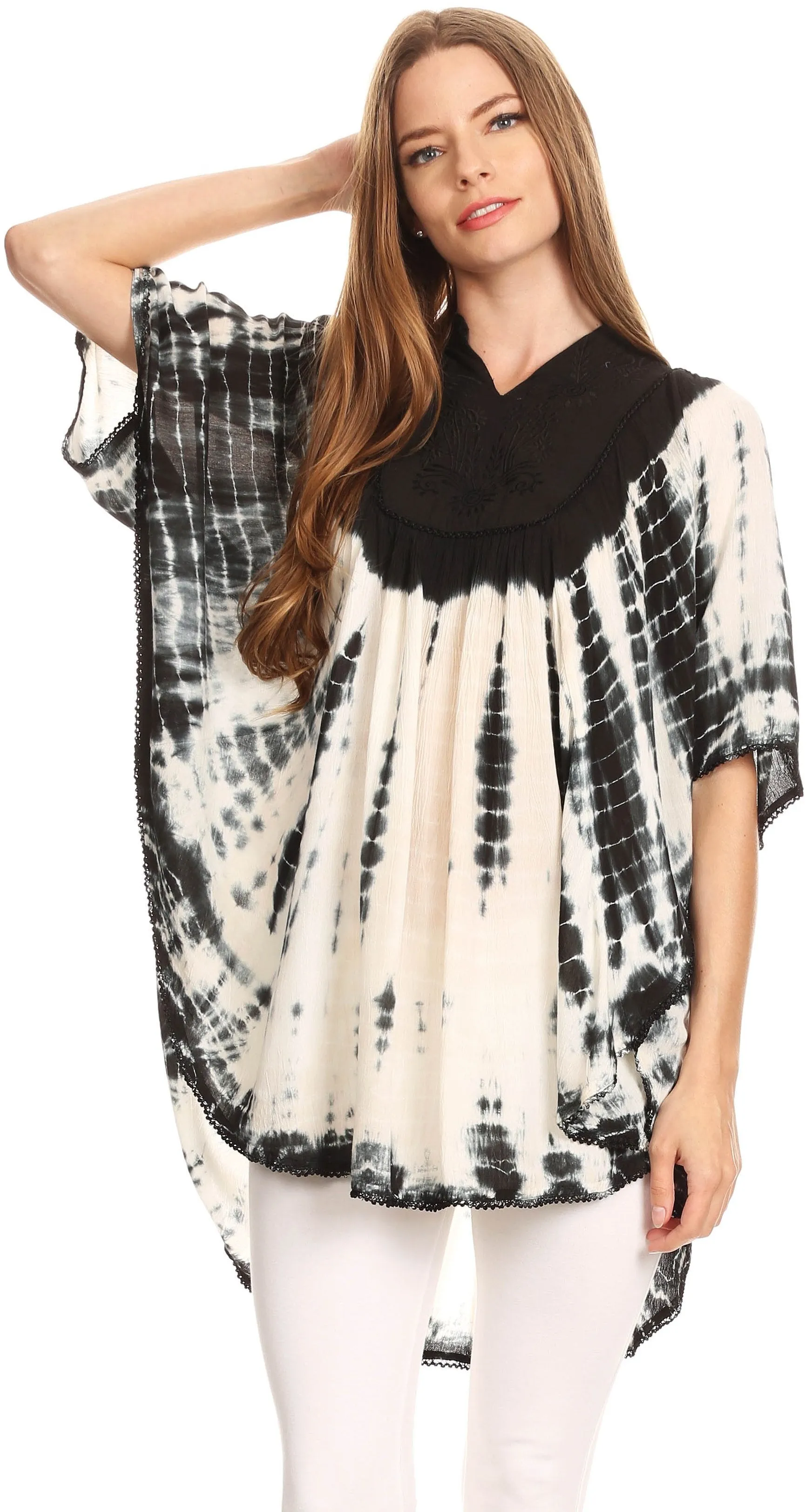 Sakkas Martina Delicate Embroidered Tie Dye Poncho Top / Cover Up