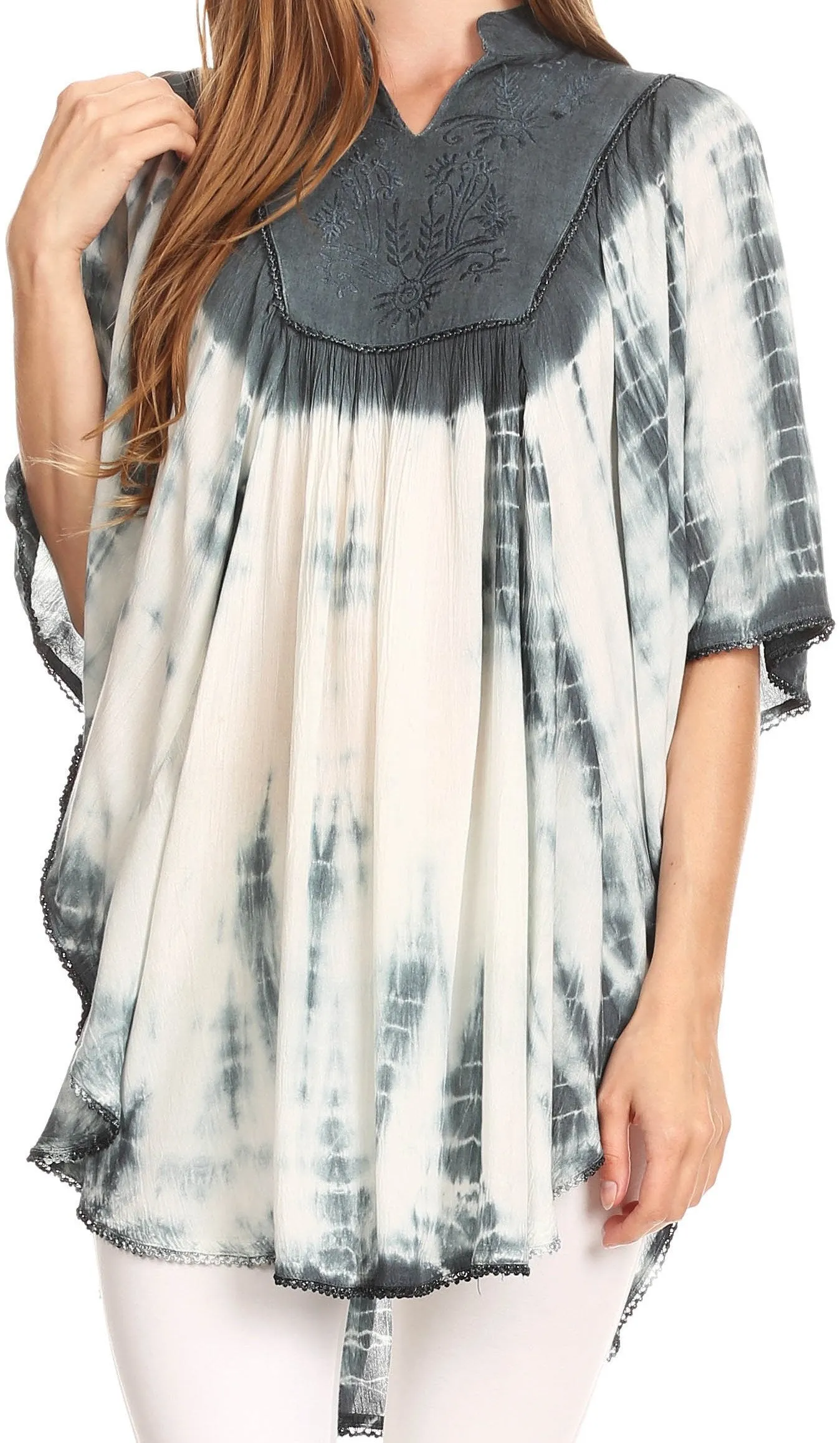 Sakkas Martina Delicate Embroidered Tie Dye Poncho Top / Cover Up