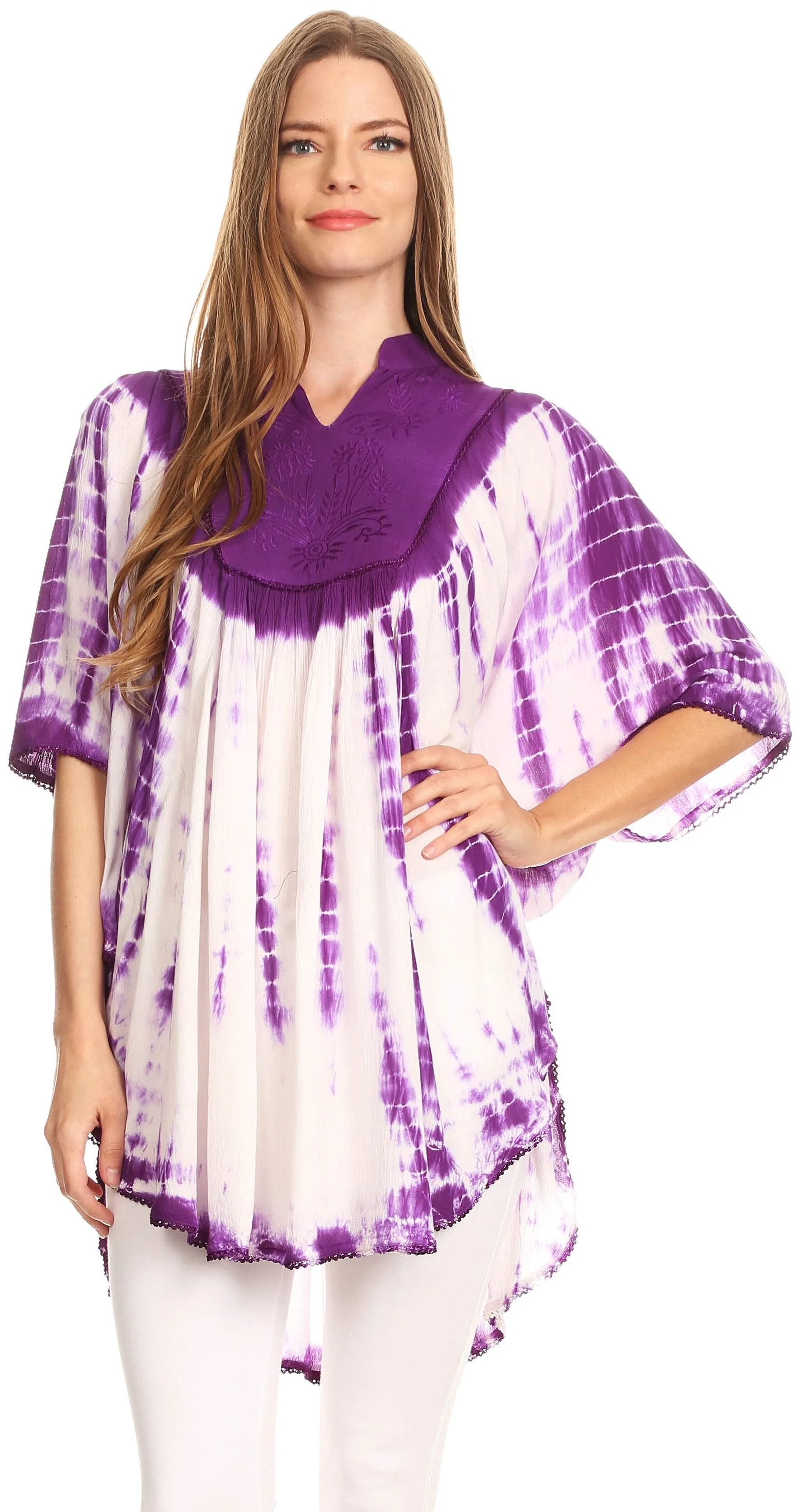 Sakkas Martina Delicate Embroidered Tie Dye Poncho Top / Cover Up