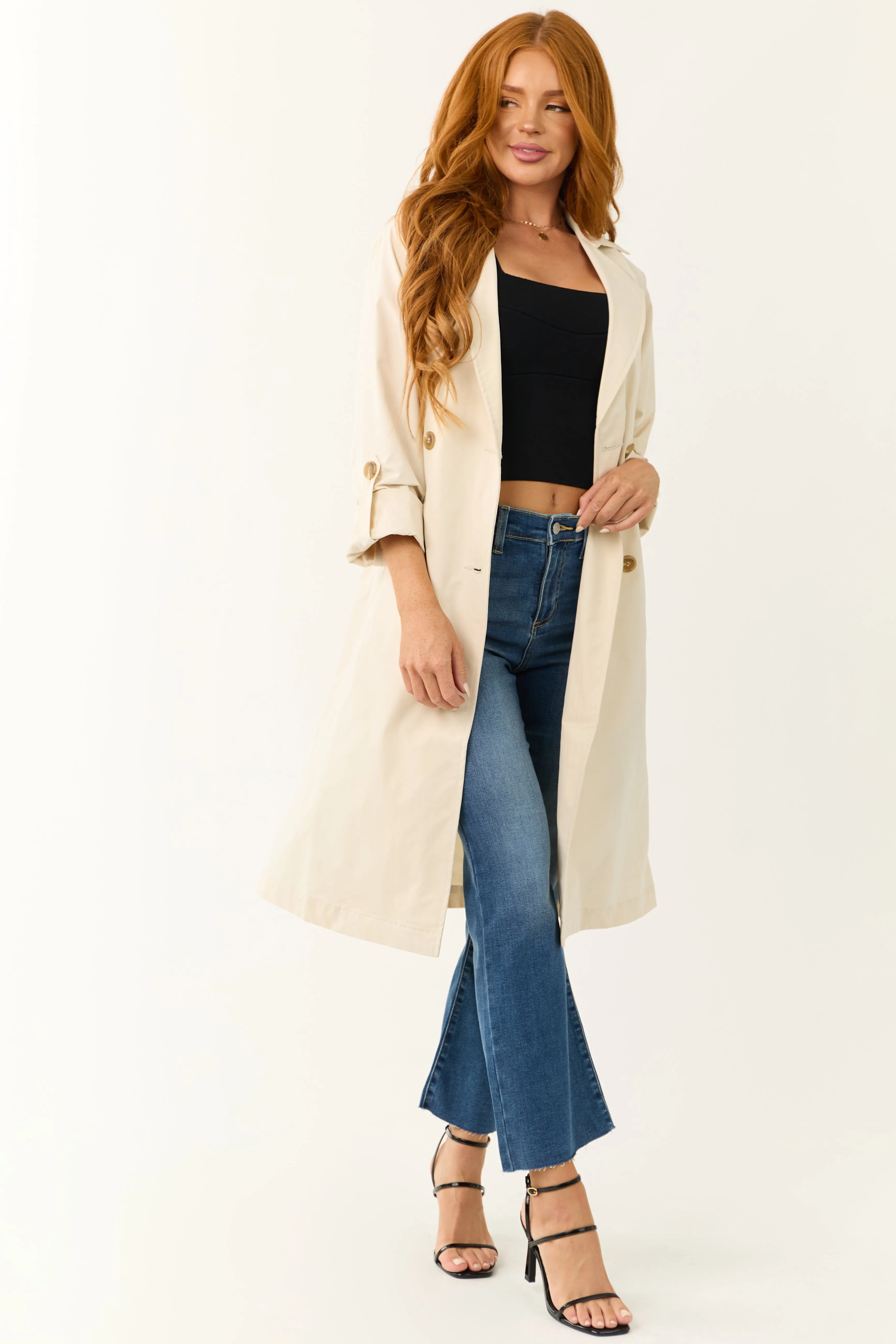 Sand Long Sleeve Belted Collared Trench Coat