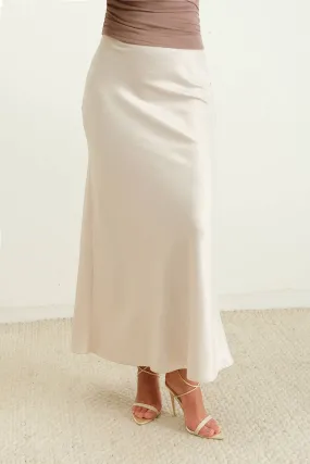 SATIN SLIP MIDI SKIRT: CHAMPAGNE