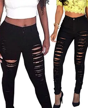 SEXYWG Women Destroyed Boyfriend Jeans Ripped Washed Cuff Denim Trousers