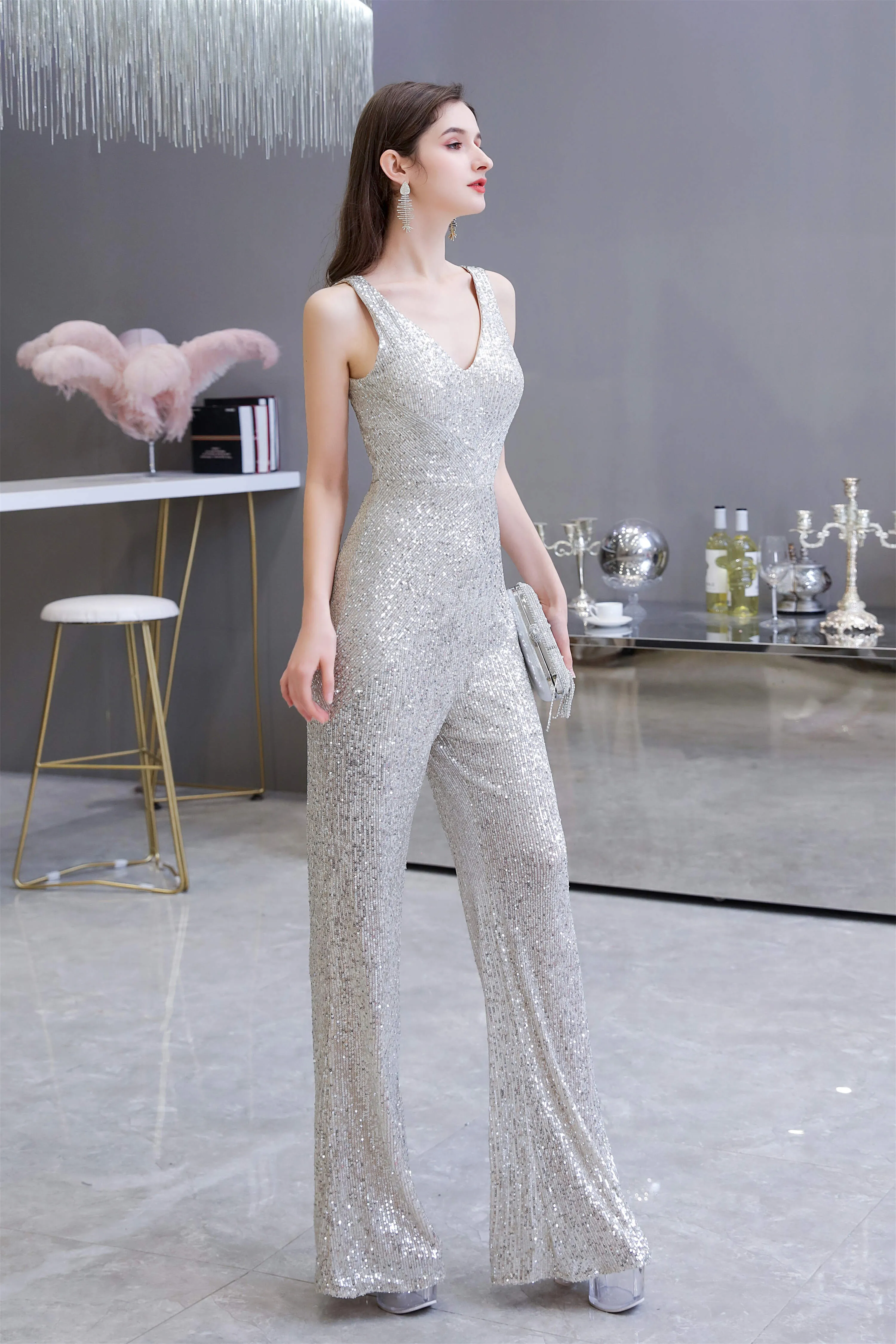 Shining V-neck Sequin Sleeveless Prom Jumpsuit