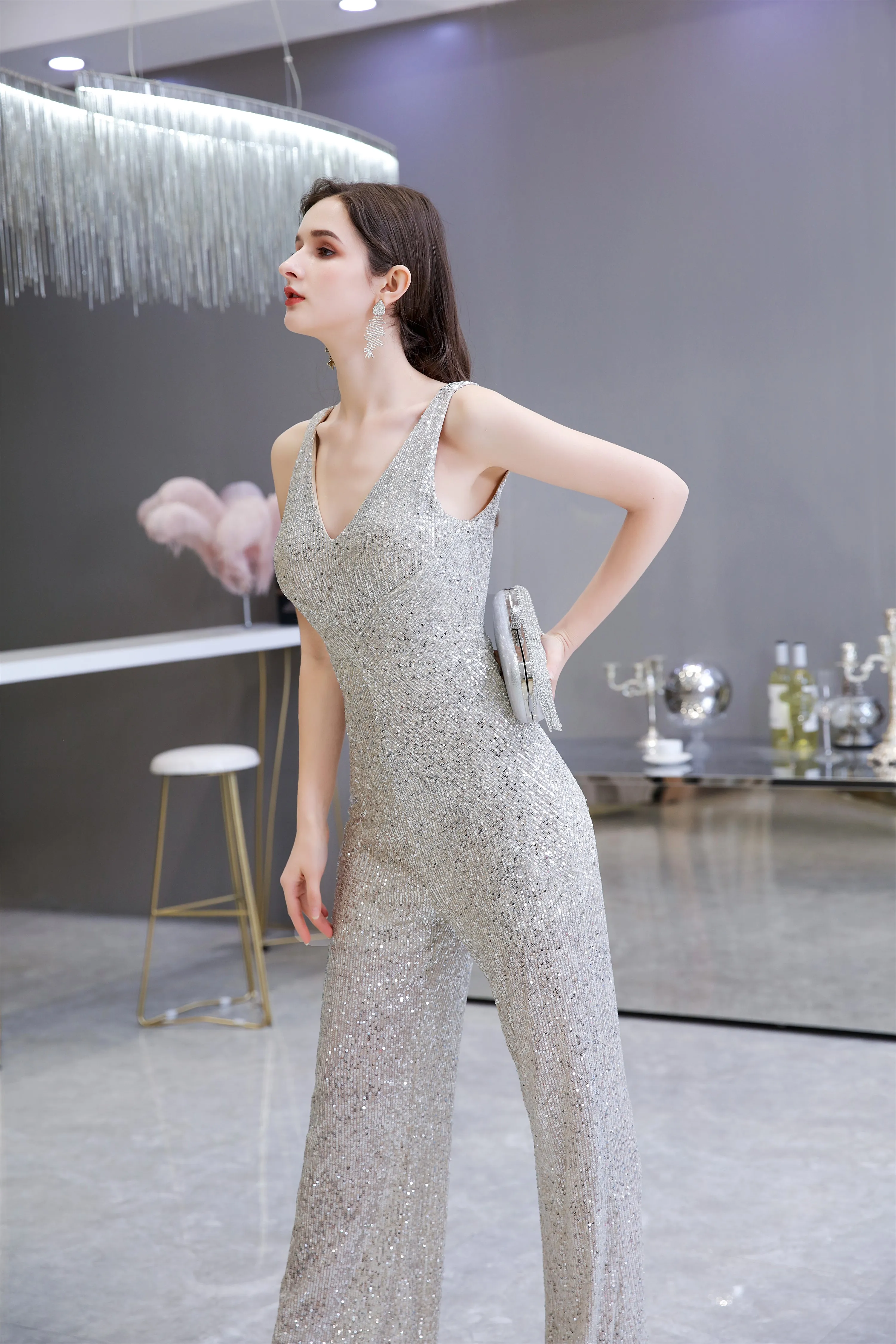 Shining V-neck Sequin Sleeveless Prom Jumpsuit