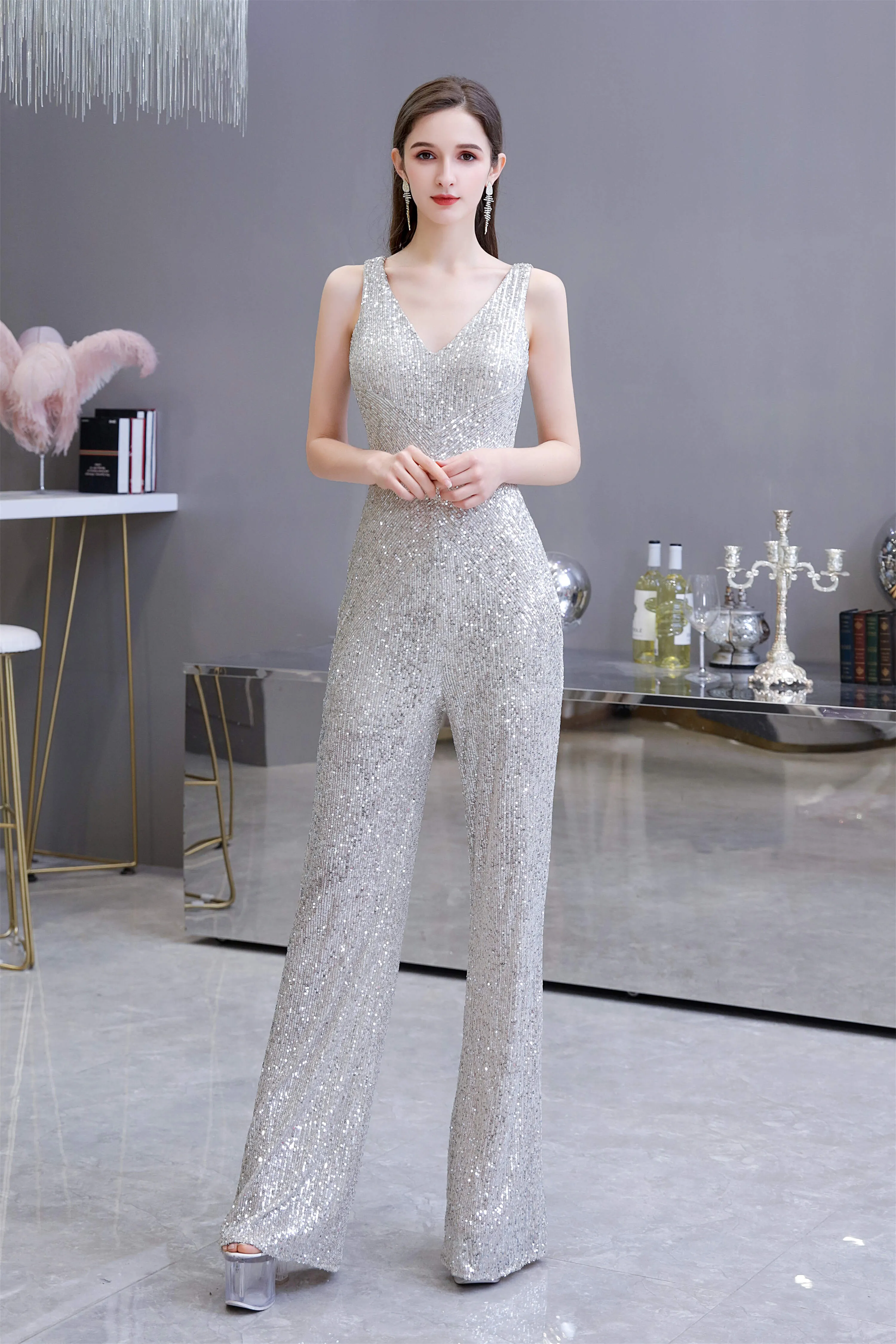 Shining V-neck Sequin Sleeveless Prom Jumpsuit