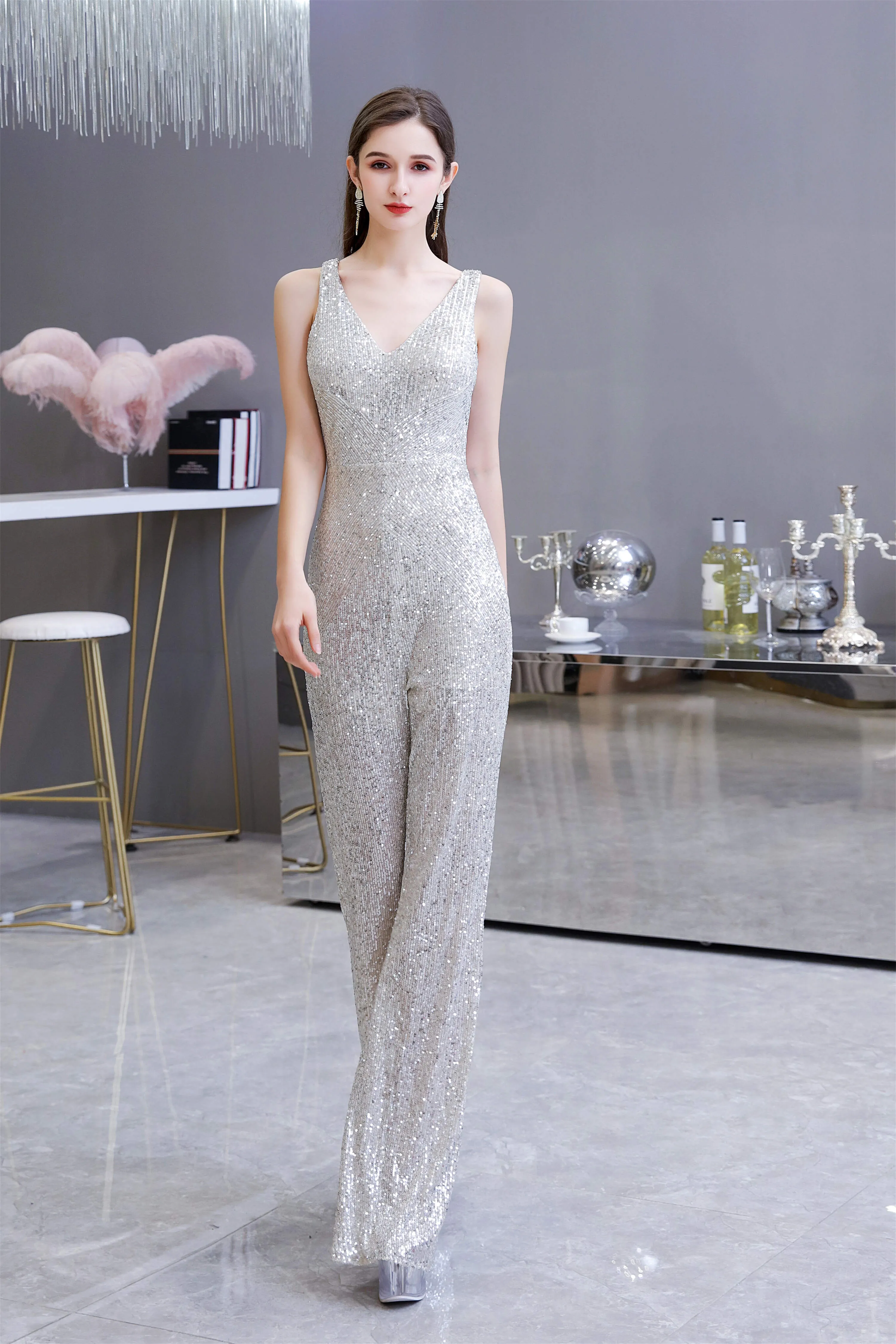 Shining V-neck Sequin Sleeveless Prom Jumpsuit