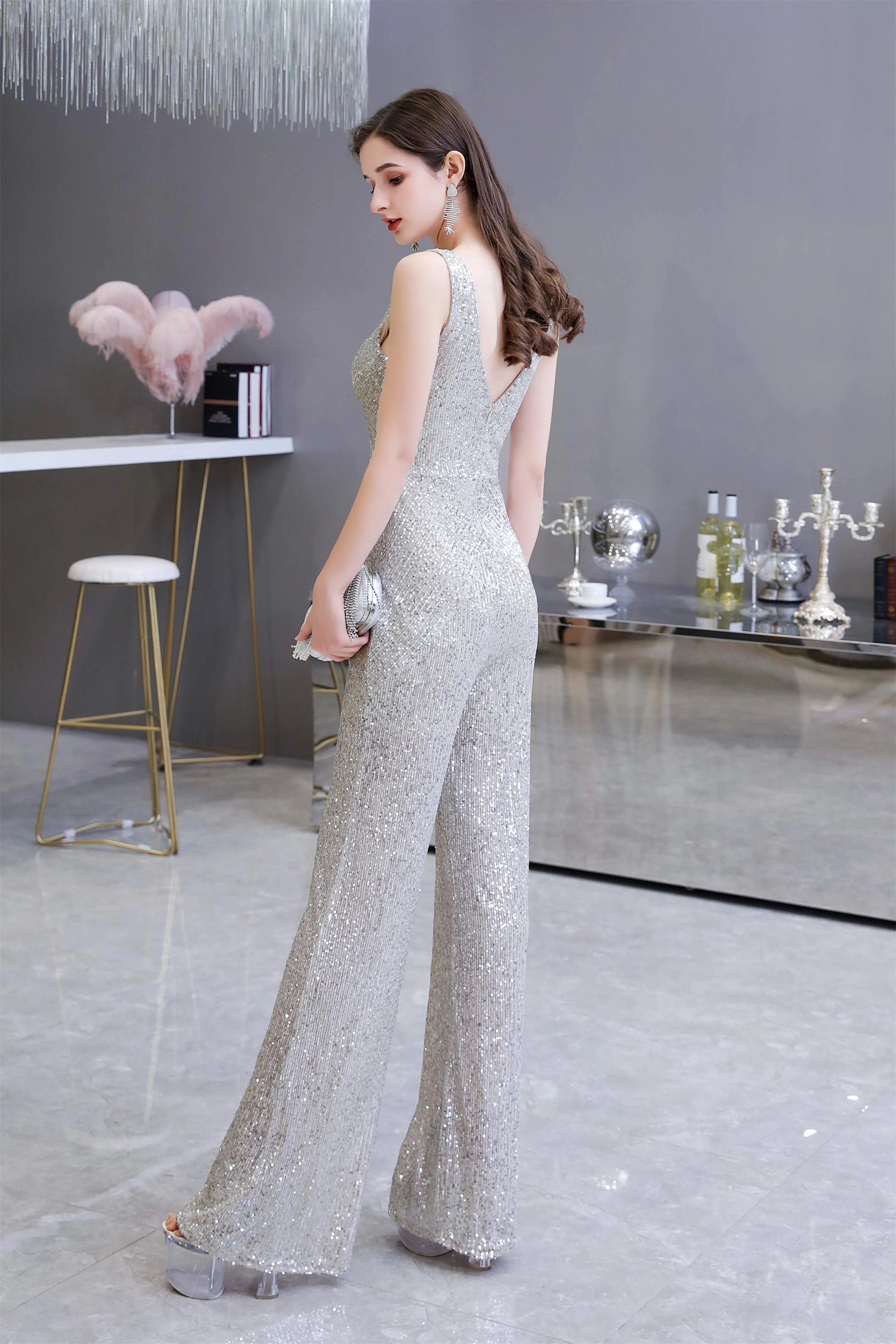 Shining V-neck Sequin Sleeveless Prom Jumpsuit