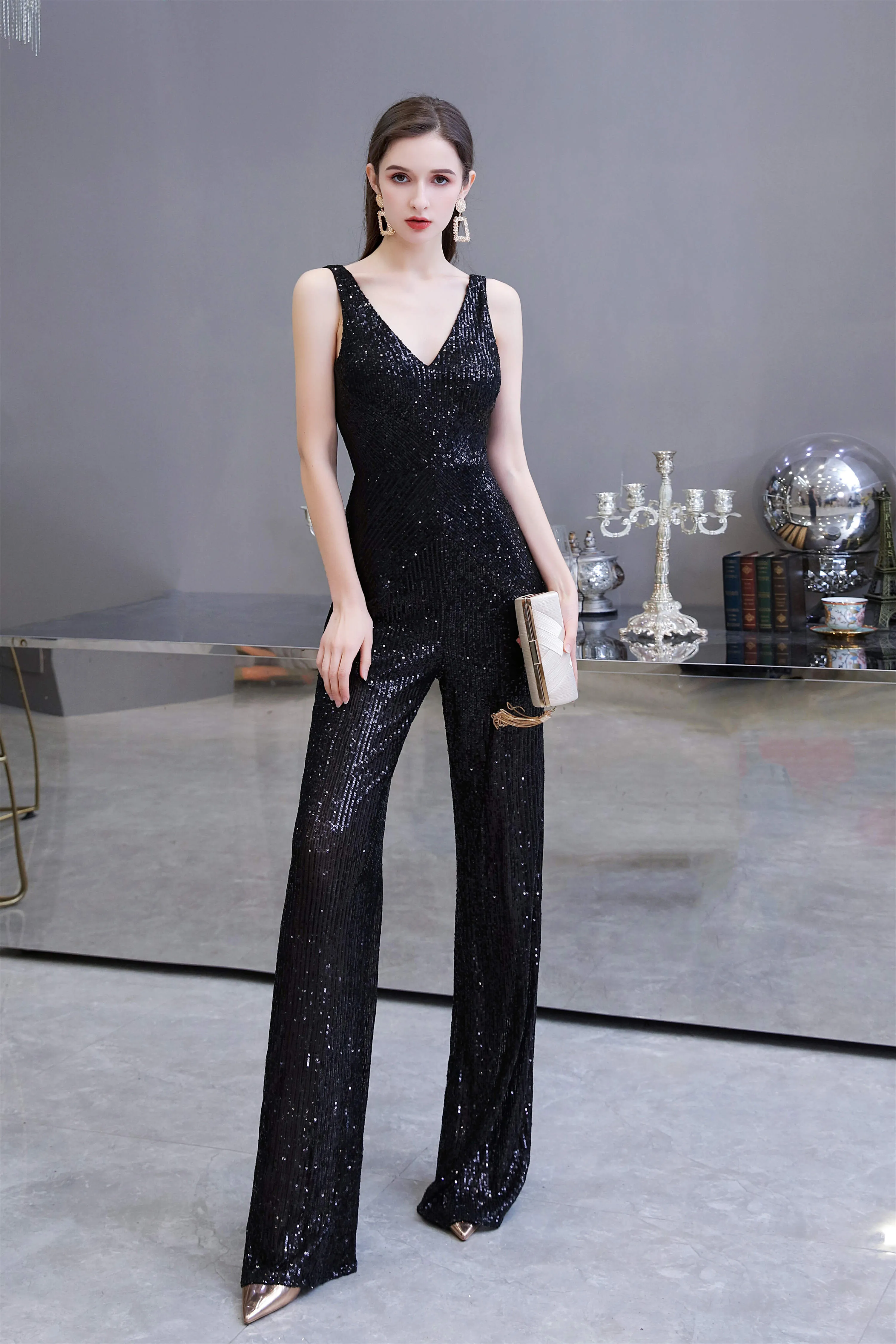 Shining V-neck Sequin Sleeveless Prom Jumpsuit