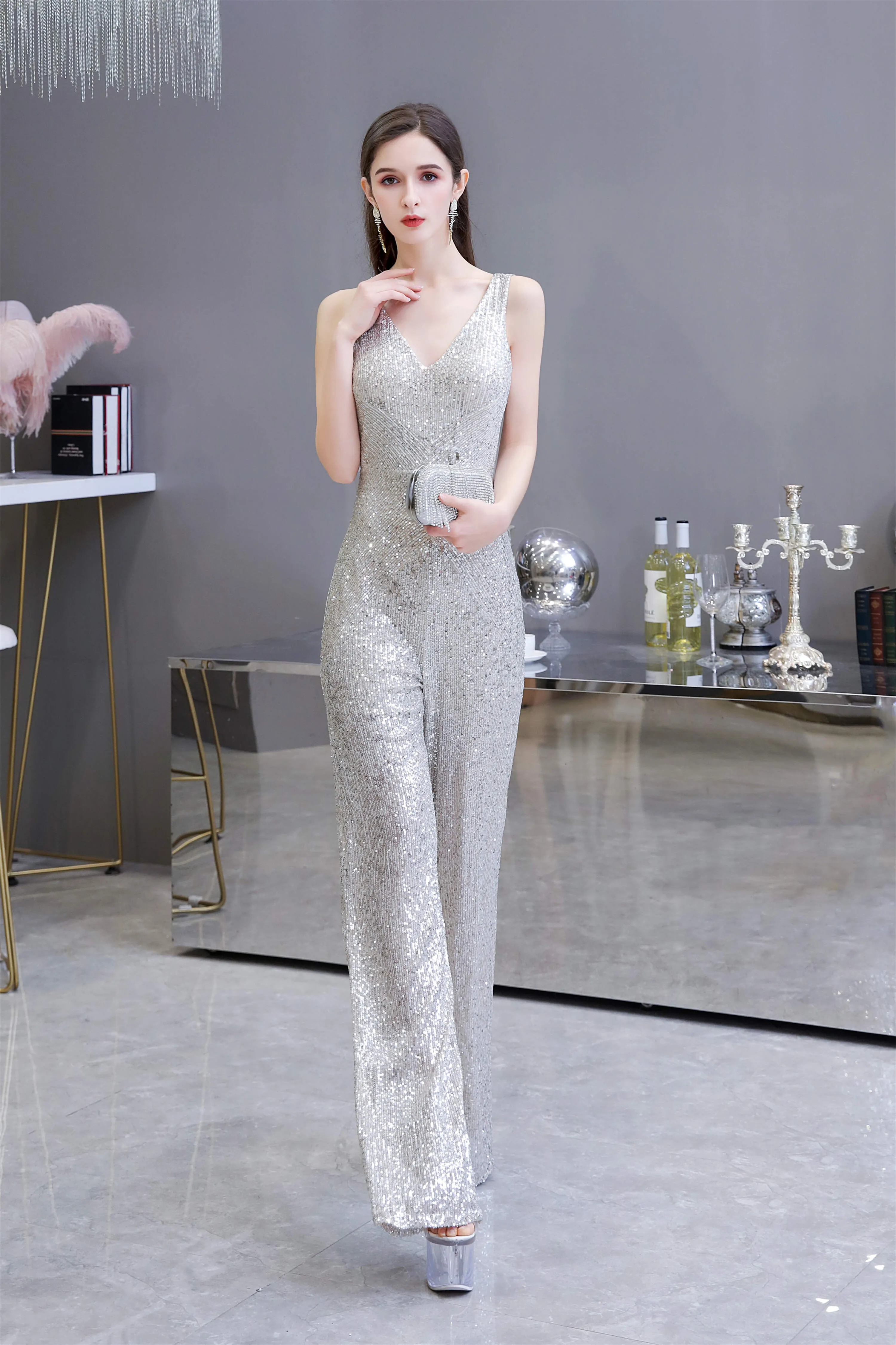 Shining V-neck Sequin Sleeveless Prom Jumpsuit