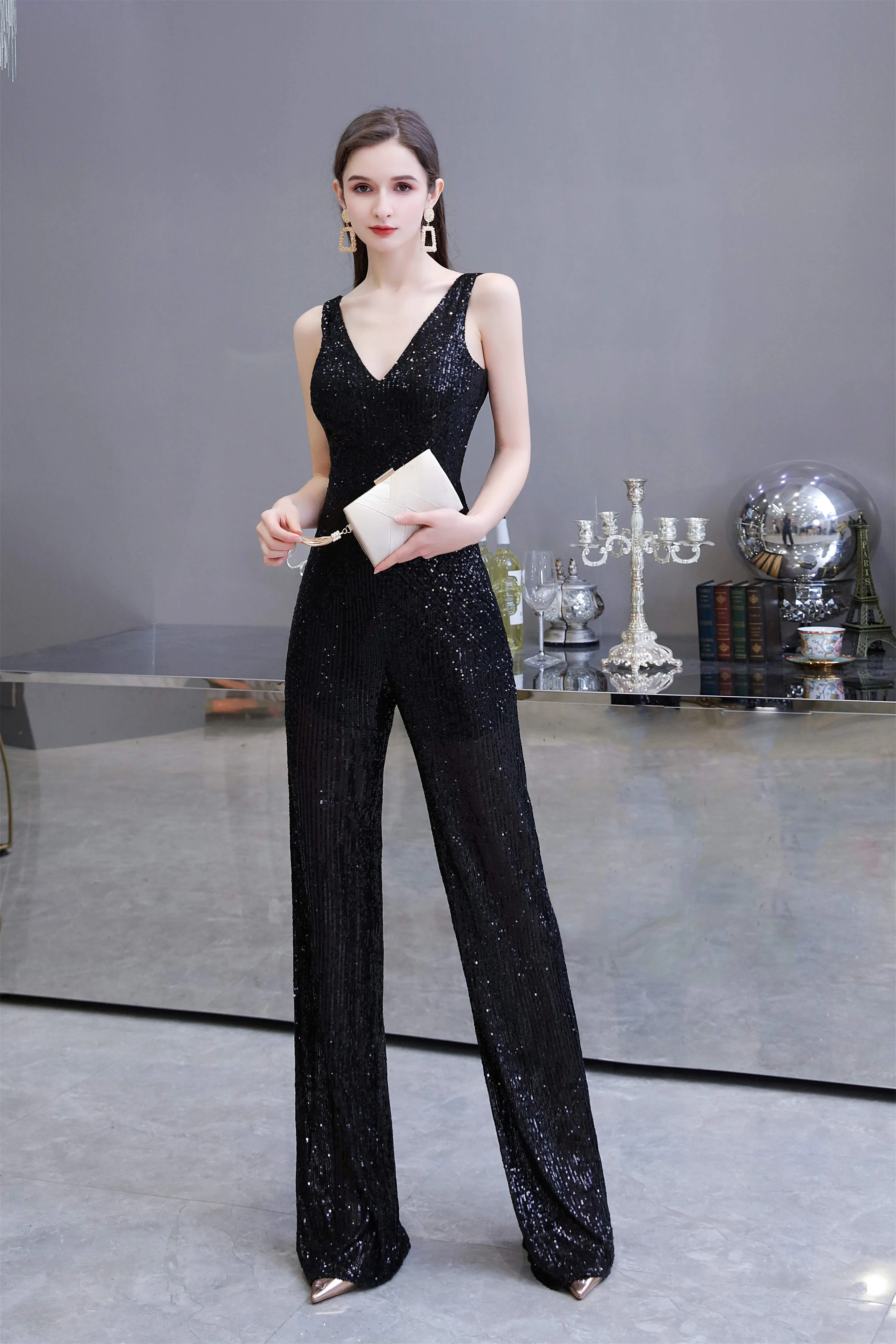 Shining V-neck Sequin Sleeveless Prom Jumpsuit