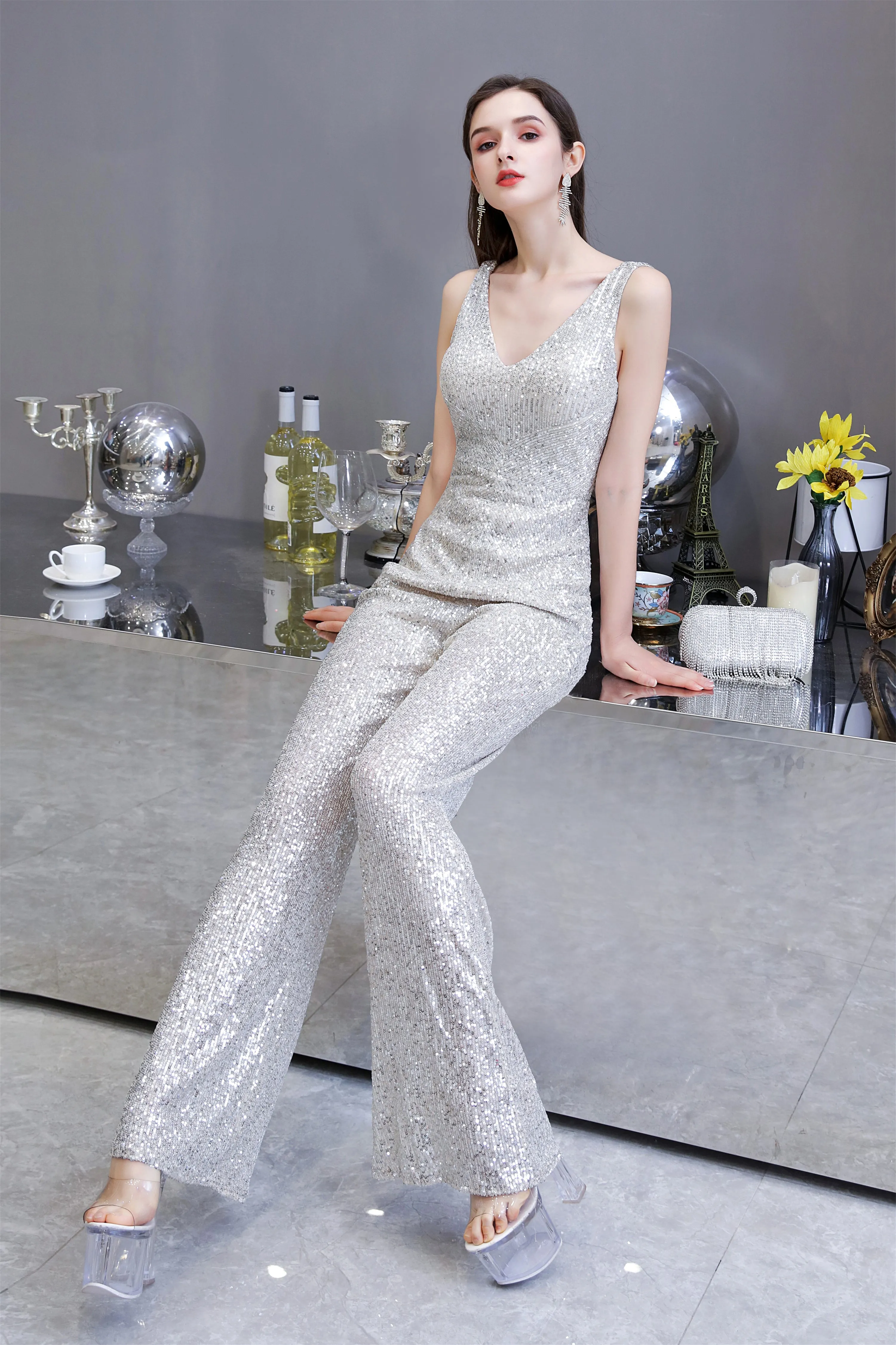 Shining V-neck Sequin Sleeveless Prom Jumpsuit